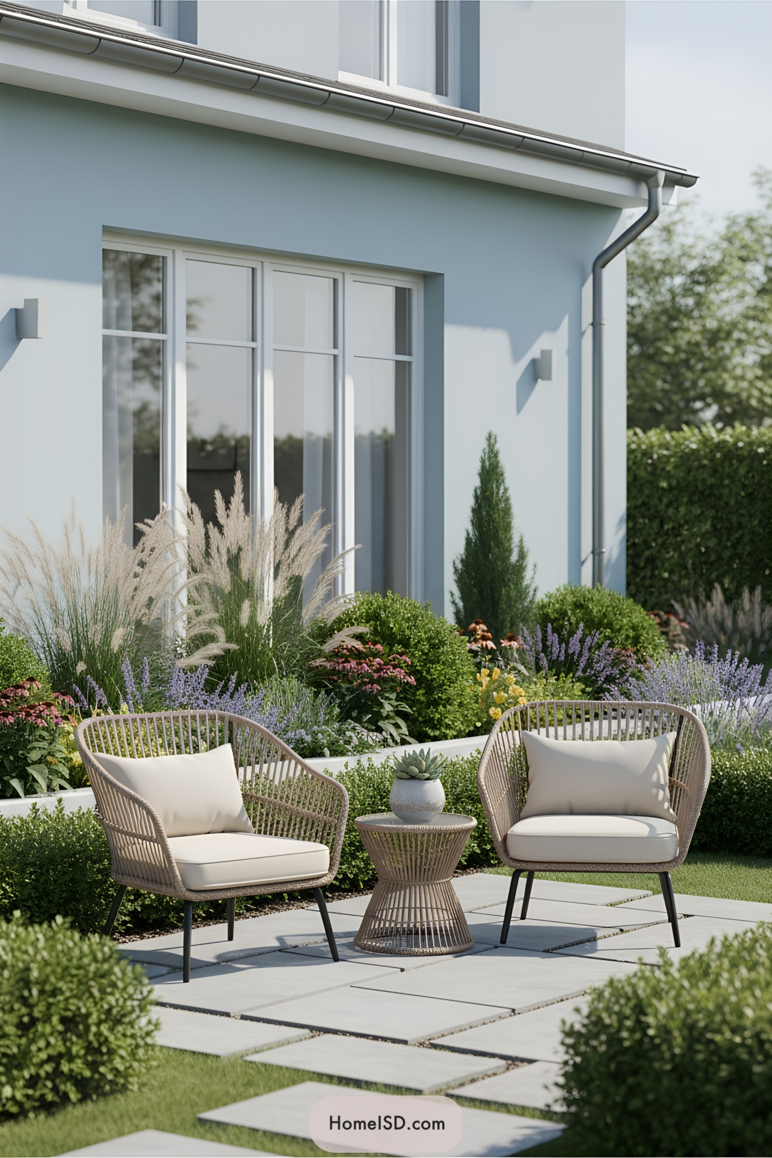 Cozy patio with wicker chairs and lush greenery