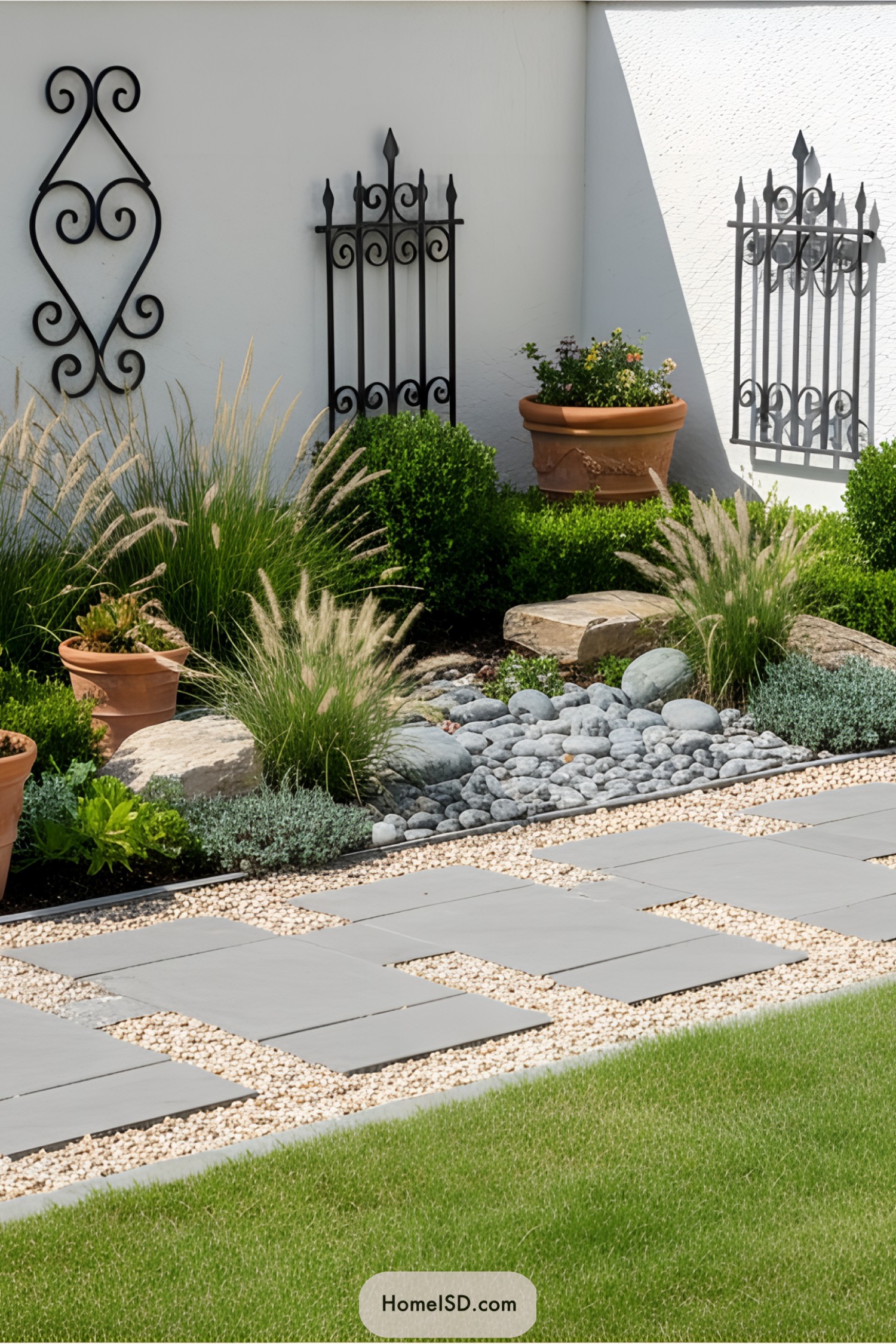 Modern garden with pavers, rocks, and lush greenery