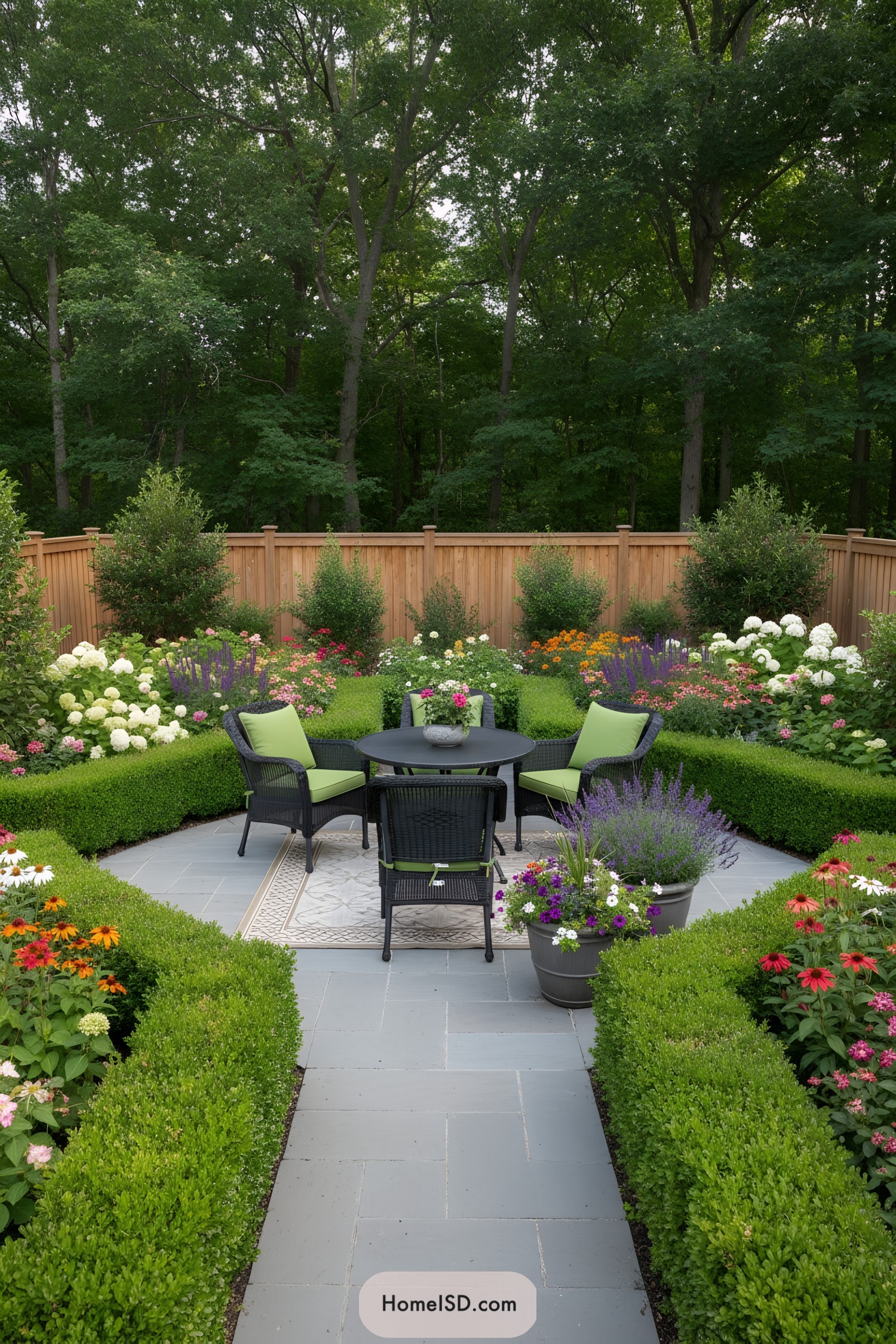 Garden seating area with green chairs and vibrant flowers