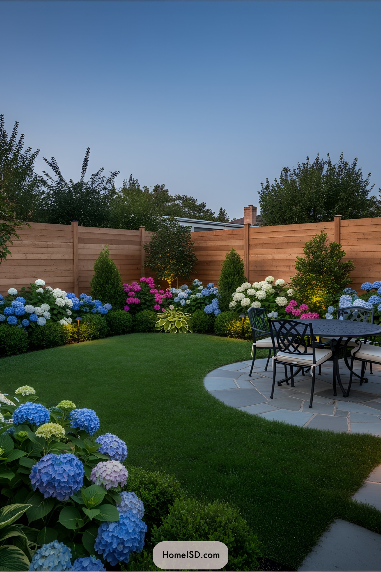 Lush garden with colorful hydrangeas and a patio set