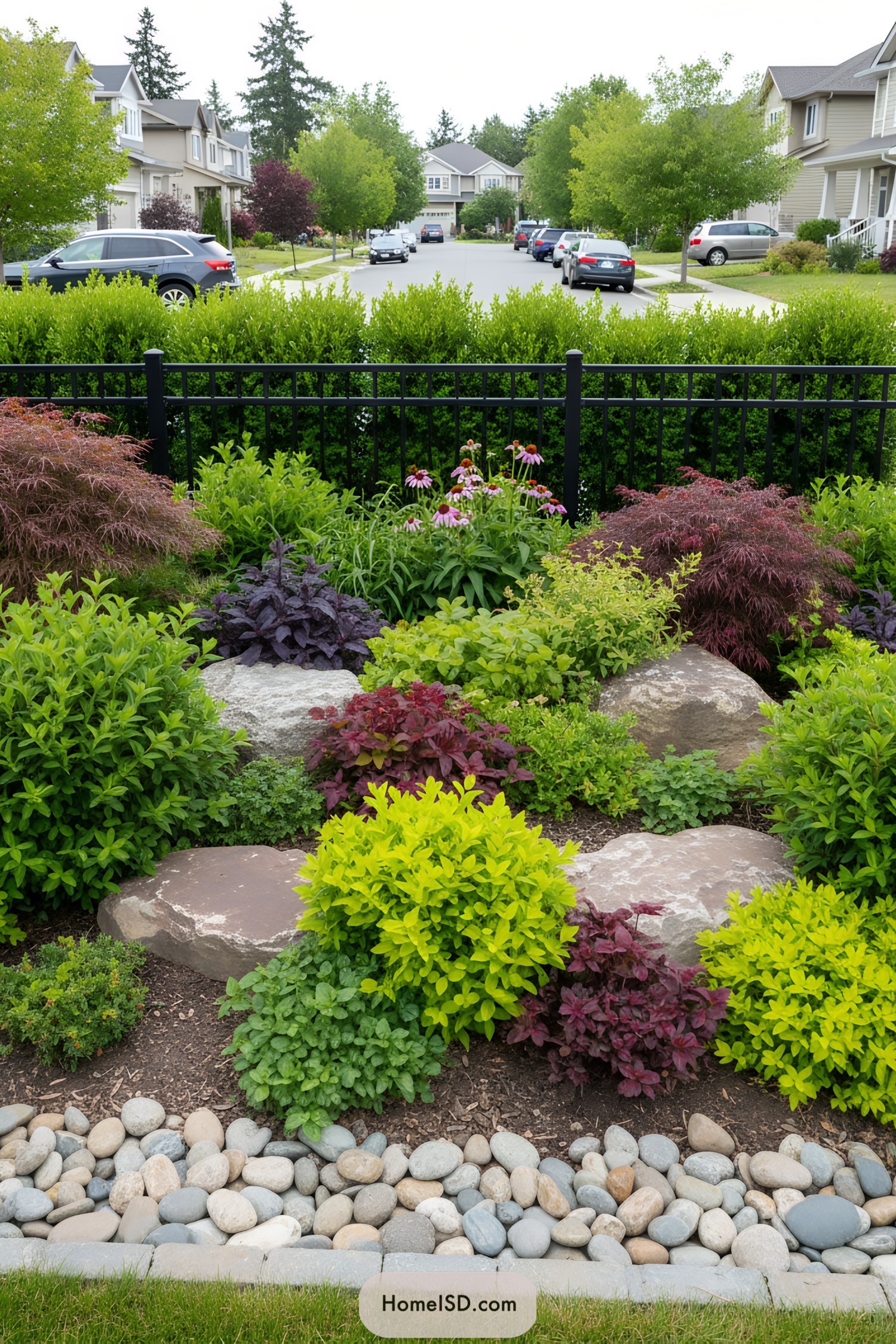 Colorful flowerbed with rocks by a black fence