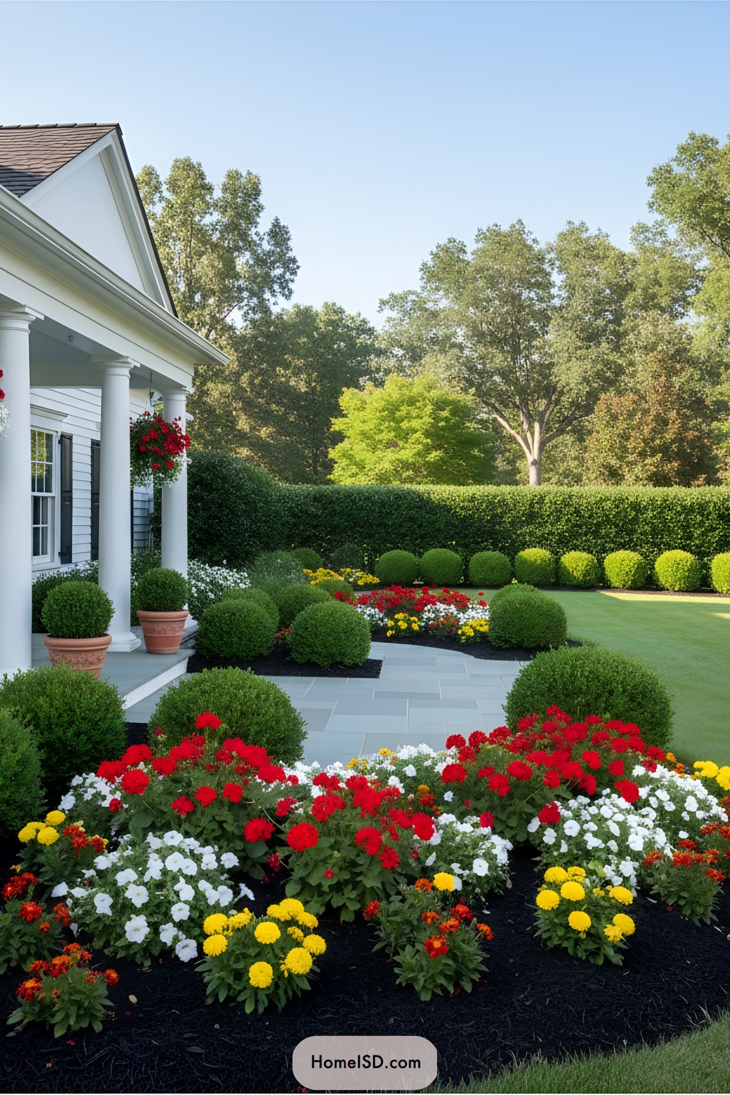 Colorful flower beds with a charming porch backdrop