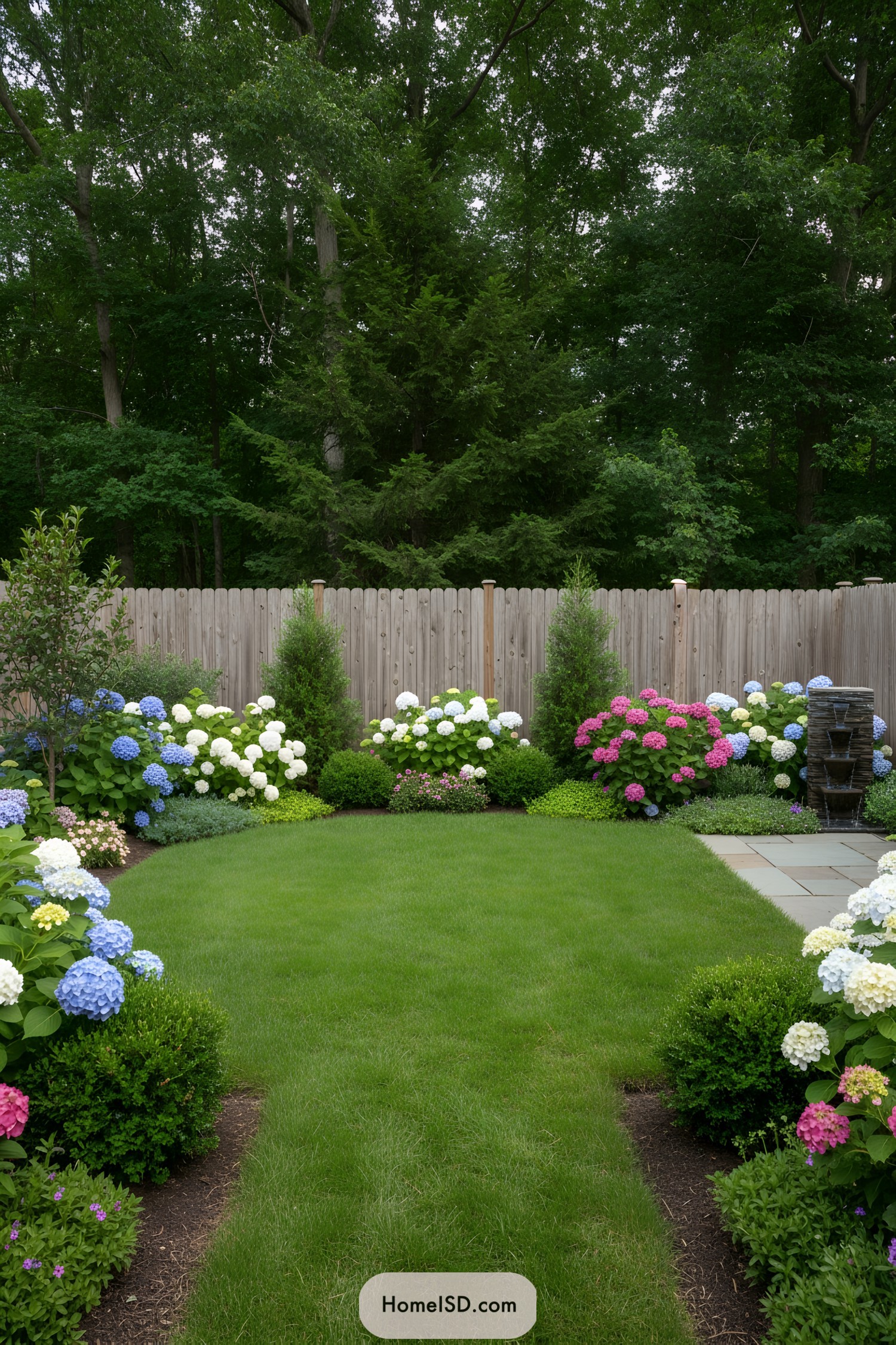 Lush garden with vibrant hydrangeas encircling a neat lawn