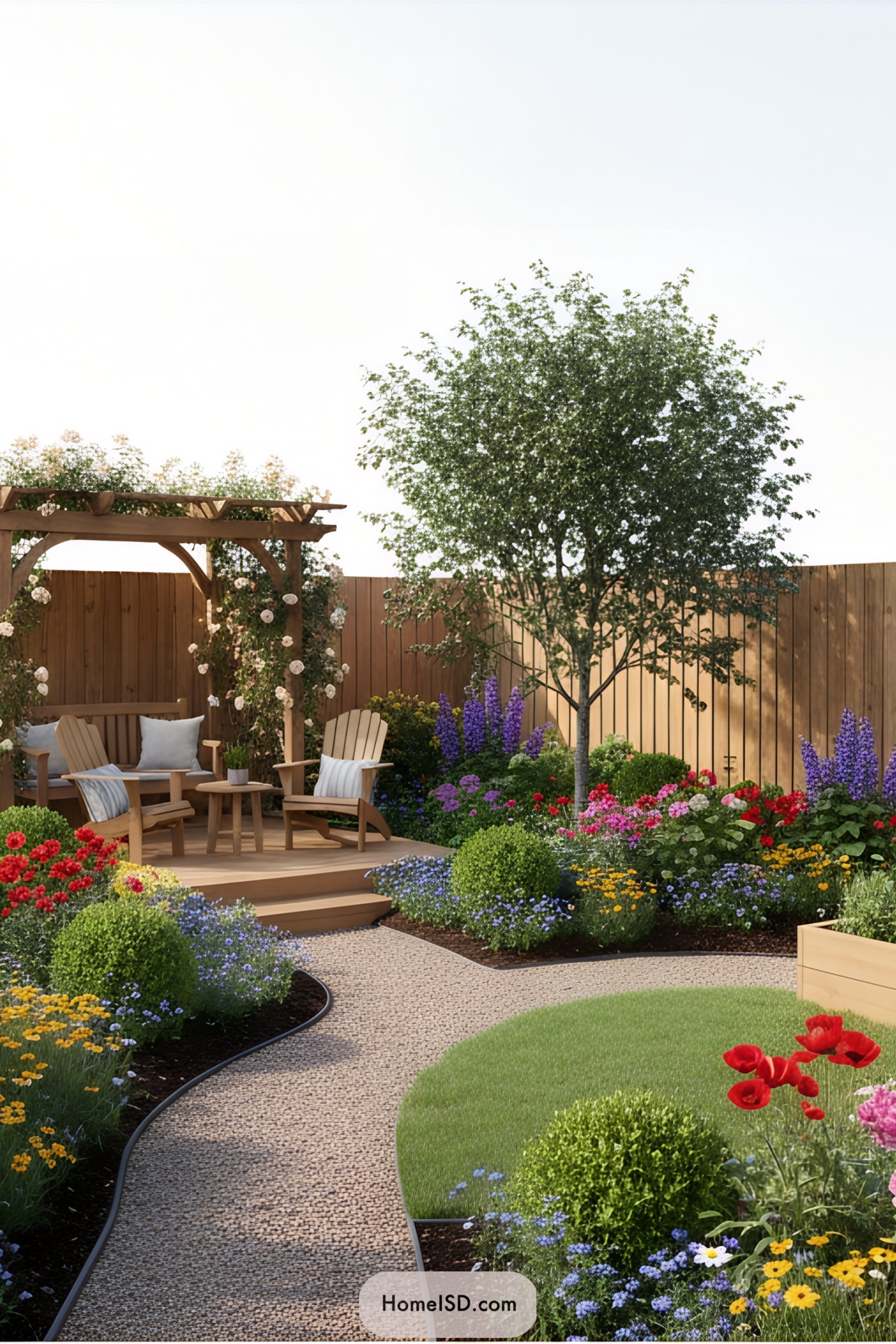 Serene garden with vibrant flowers and cozy seating area