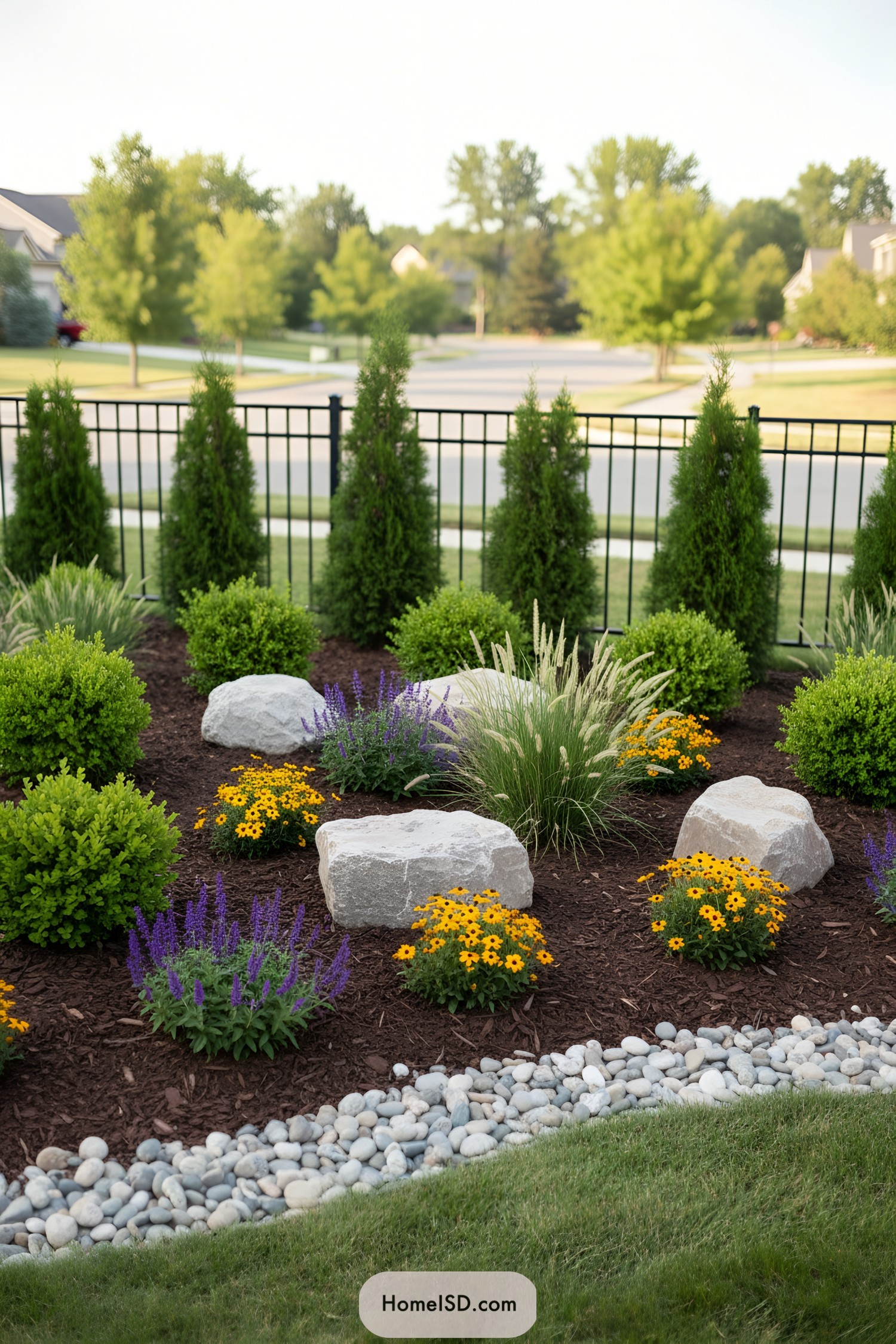 Garden with lush greenery, colorful flowers, and decorative stones