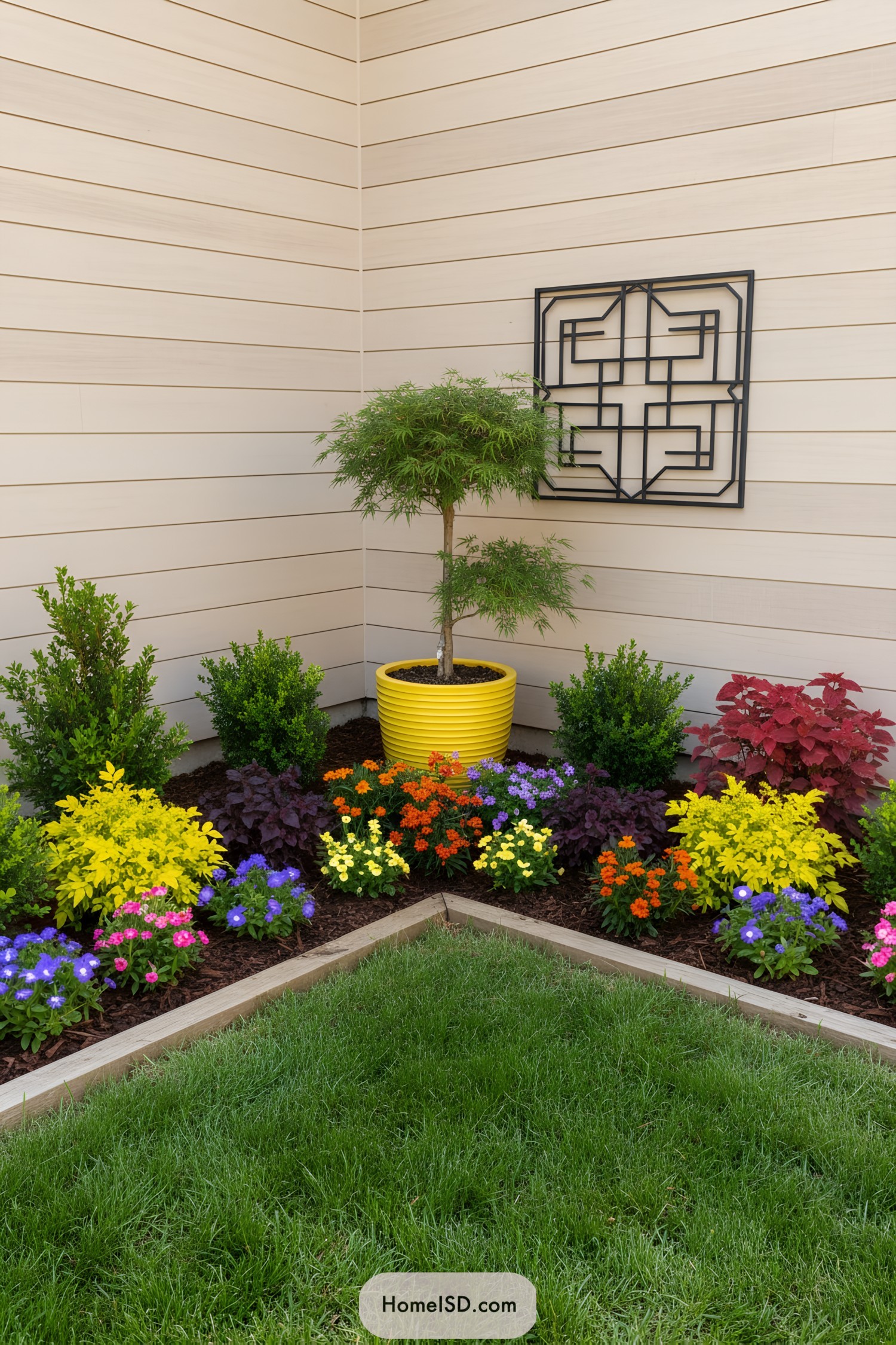 Corner garden with vibrant blooms and a yellow pot