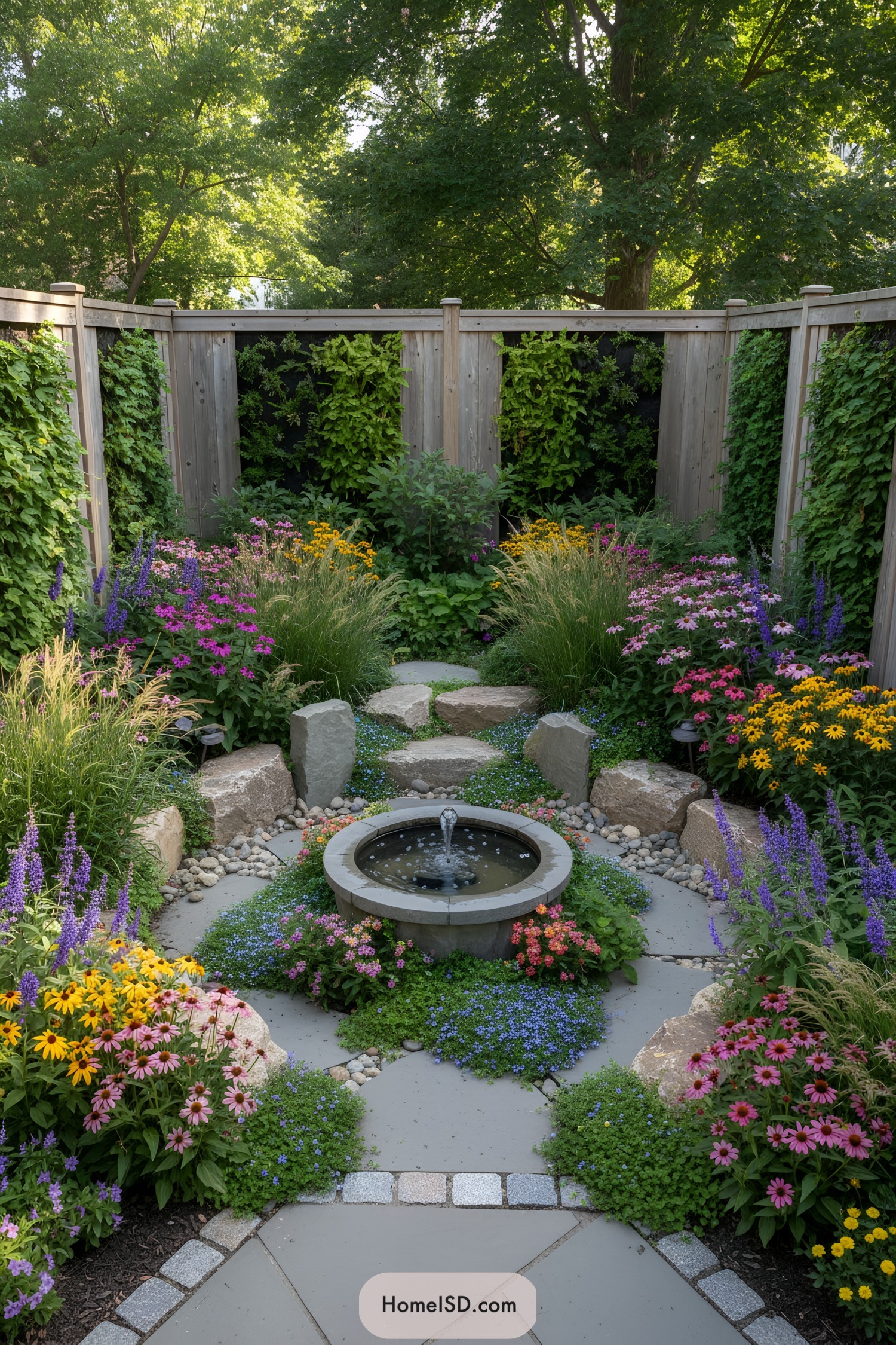 Small garden landscape design with lush, layered planting beds, abundant perennial blooms in various colors, and ornamental grasses. Natural boulders and rocks add structure, while vertical green walls maximize greenery in compact spaces. Architectural elements include stone markers and wooden fences. Furnishings feature a shallow, circular water fountain set among flowering groundcovers. The setting is cozy and enclosed, with well-defined planting borders and a welcoming, tranquil atmosphere.
