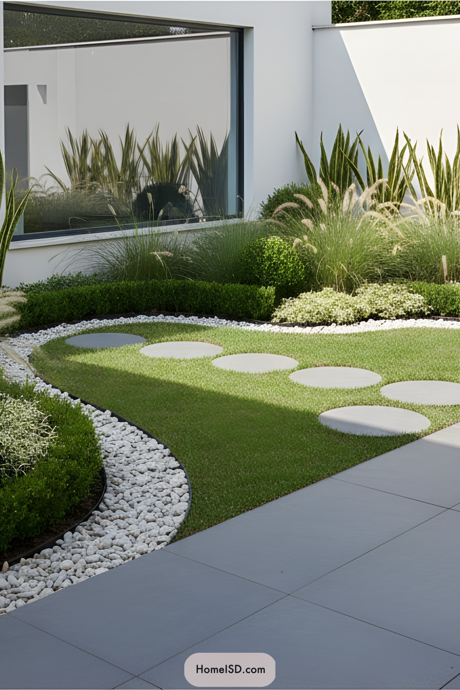 Modern garden with stepping stones and lush greenery