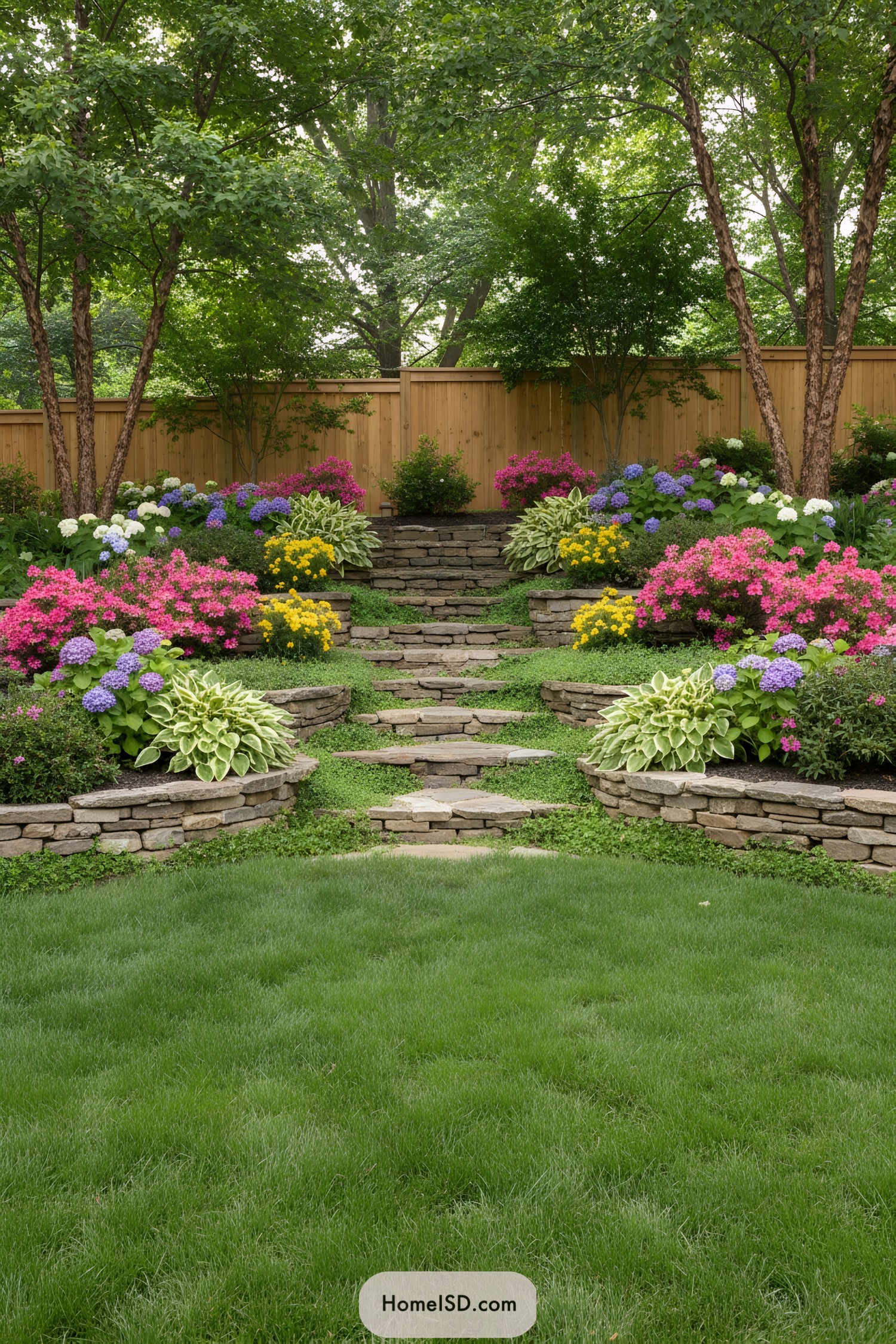 Stepped stone path through colorful flower garden