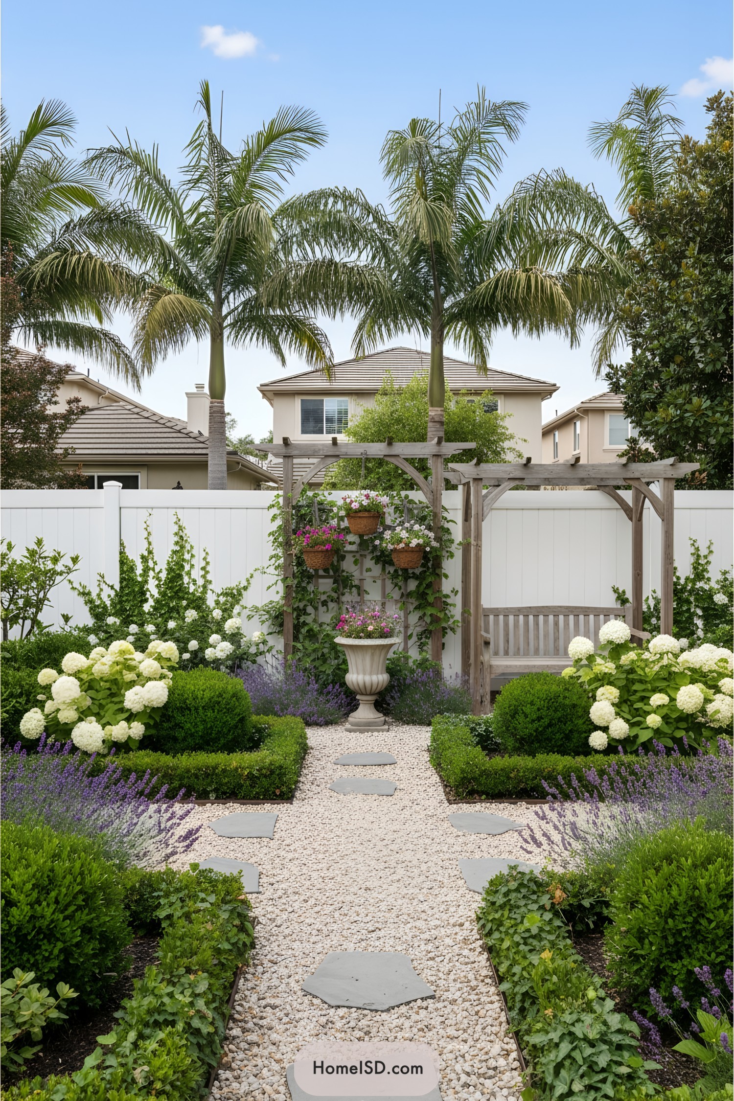 Charming garden path flanked by vibrant flora under palm trees