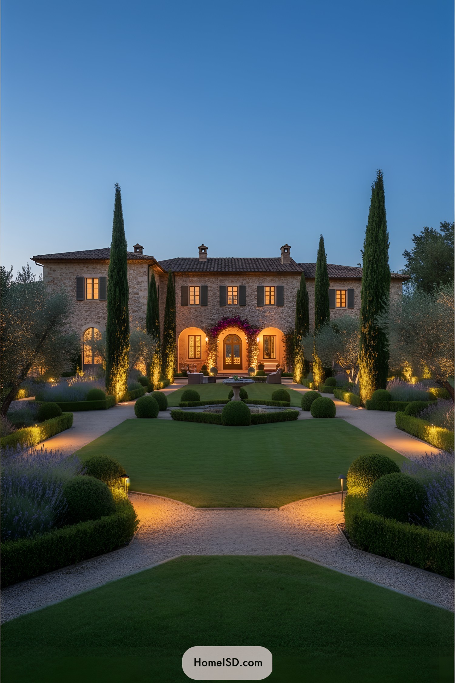 Elegant entrance with illuminated landscaping