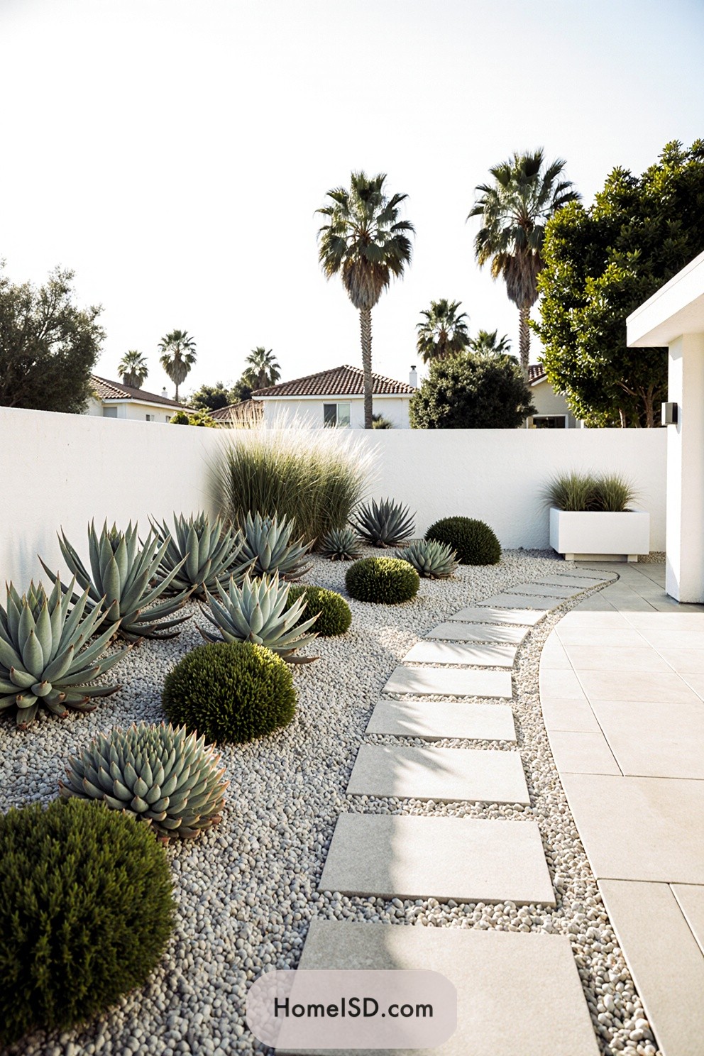 Modern succulent garden with stone pathway