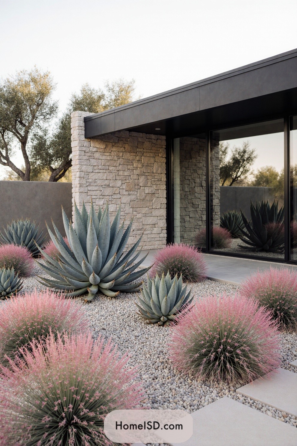 Succulent garden with ornamental grasses in a minimalist design