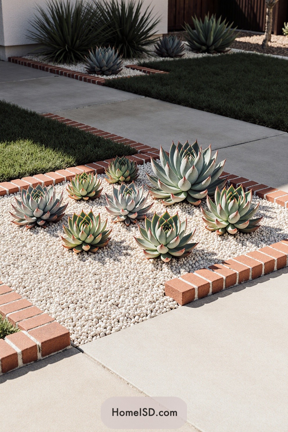 Succulents surrounded by pebbles and bordered by brick