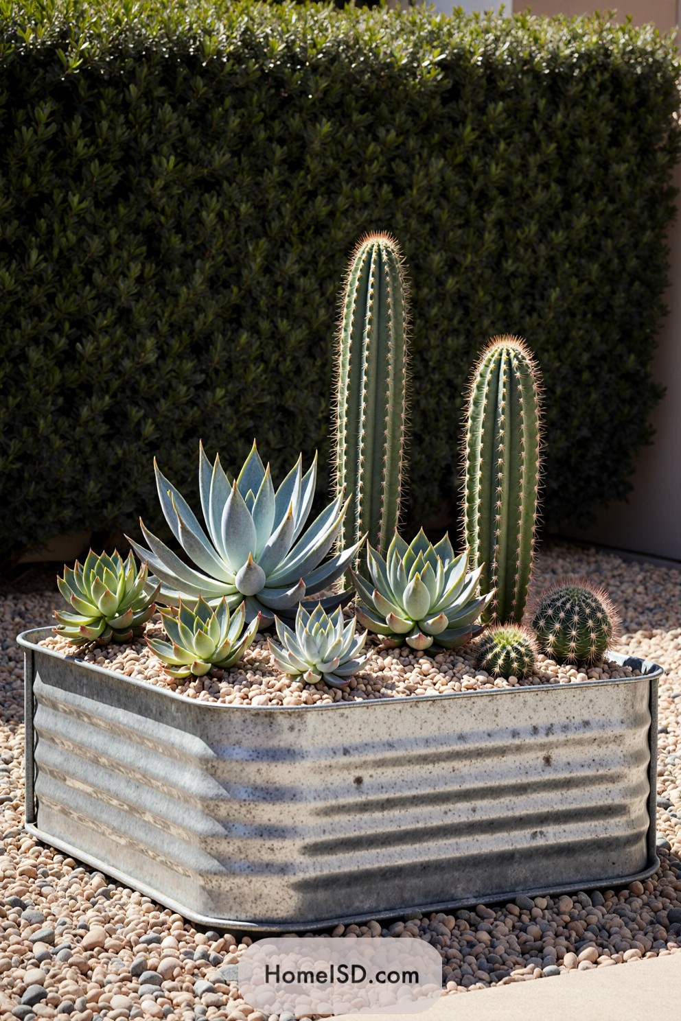 Succulents in a steel planter surrounded by gravel