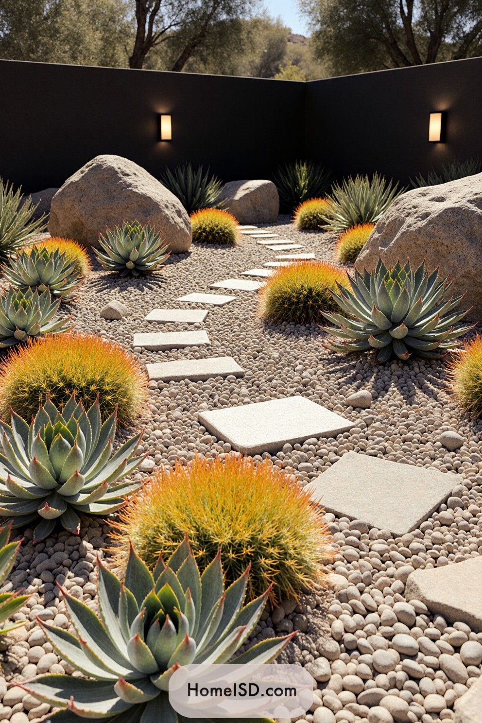 Pathway lined with succulents and boulders
