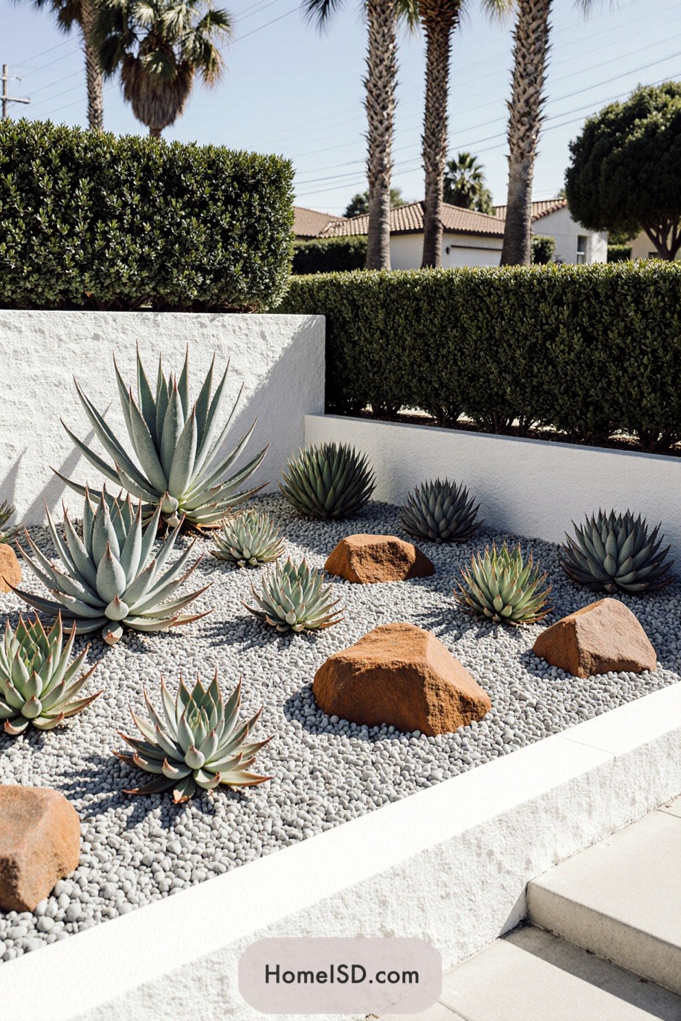 Stylish succulent garden with rocks and hedges