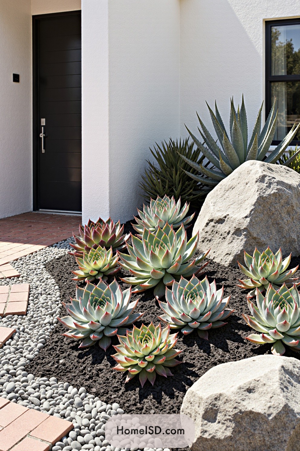 Succulent garden with stones by a modern entrance