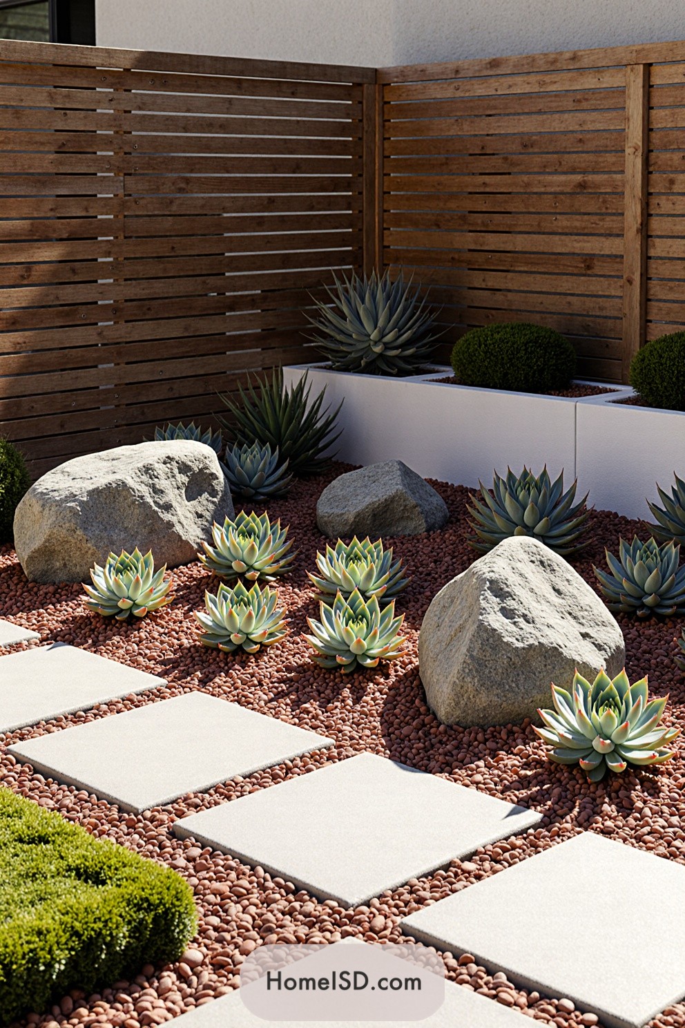 A stylish outdoor setting featuring succulents, rocks, and wooden fencing