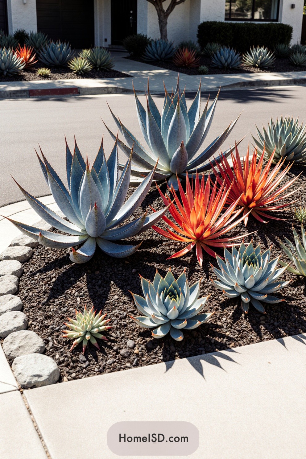 Colorful succulents with vibrant red and blue hues in a landscaped yard