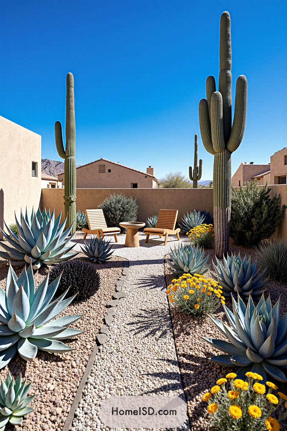 A peaceful outdoor seating area surrounded by succulents and tall cacti