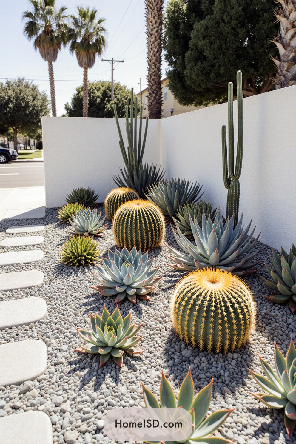 Succulents and cacti in a modern garden design with pebbles and stepping stones