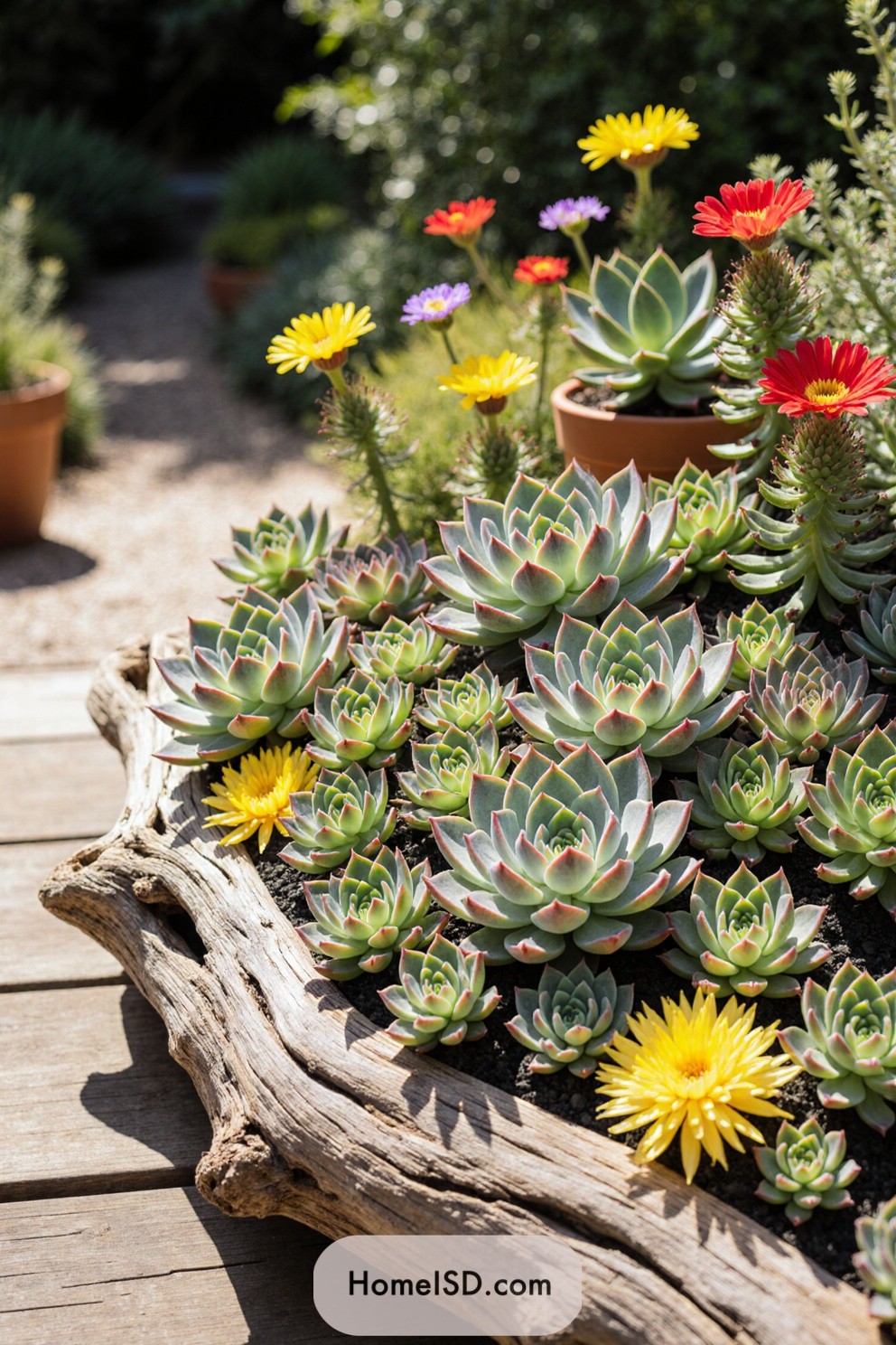 Succulents and colorful blooms in a garden display