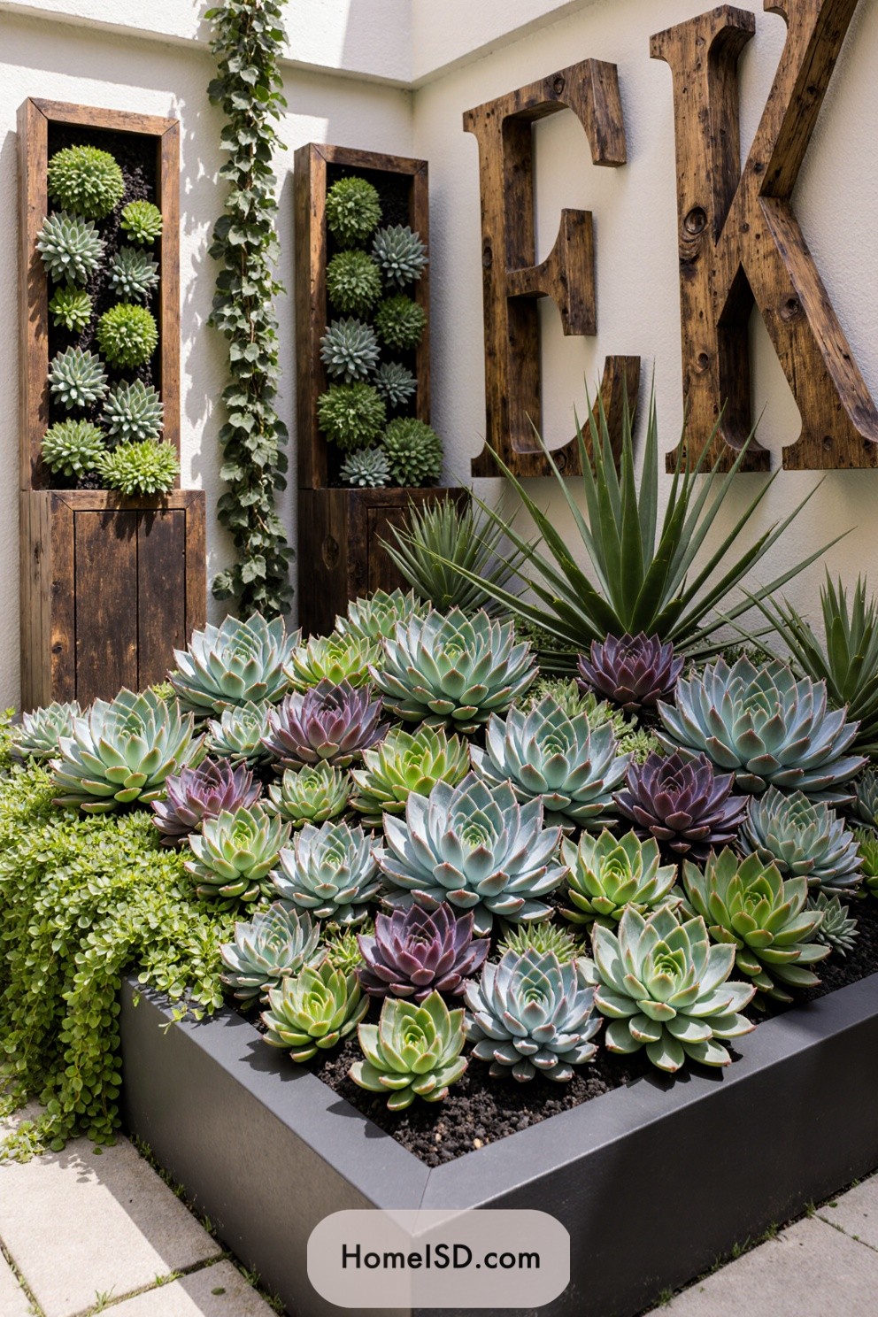A vibrant array of succulents in a wooden planter