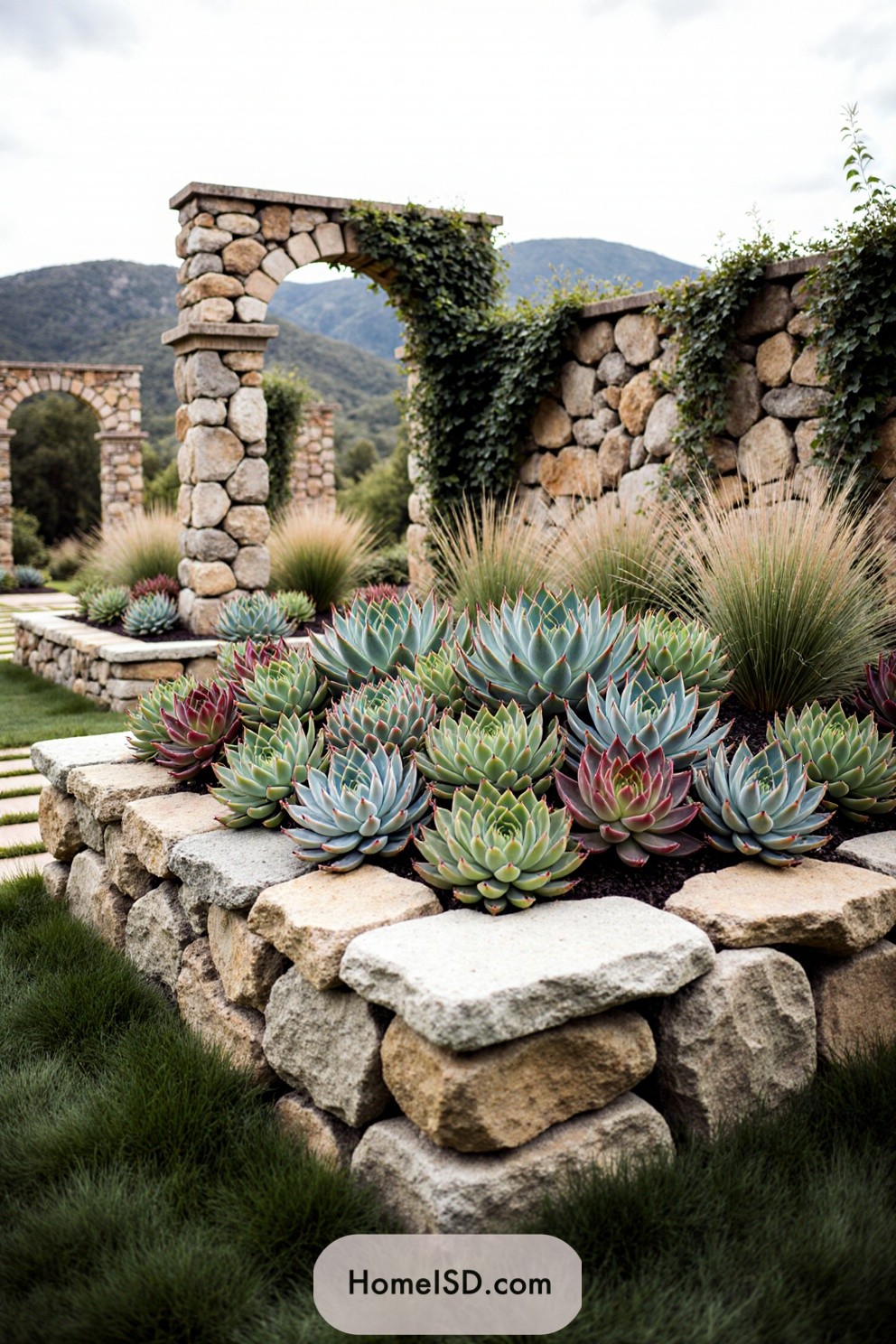 Stone arches with succulents and grasses