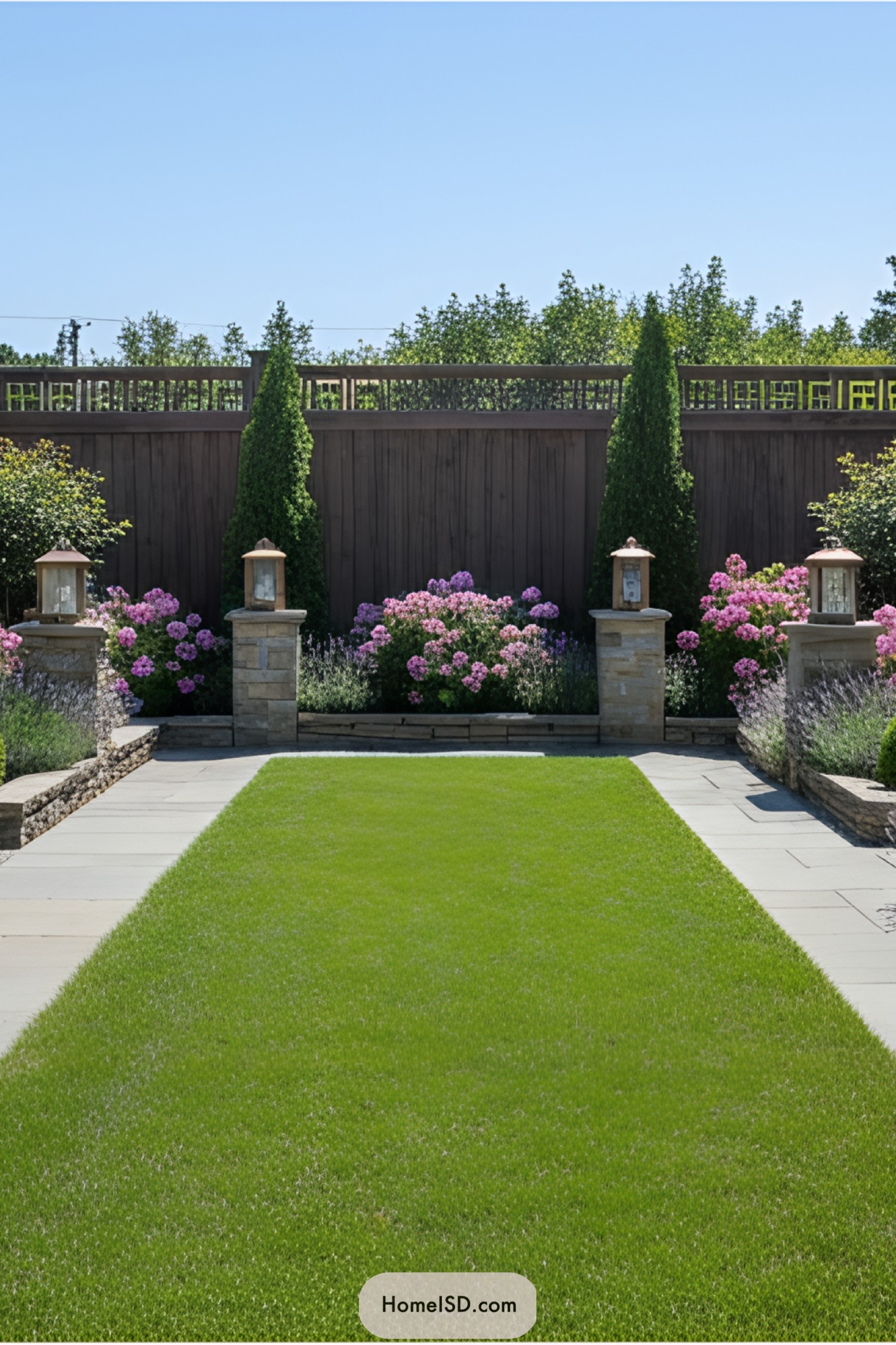 Chic garden with a manicured lawn, blooming flowers, and elegant pillars