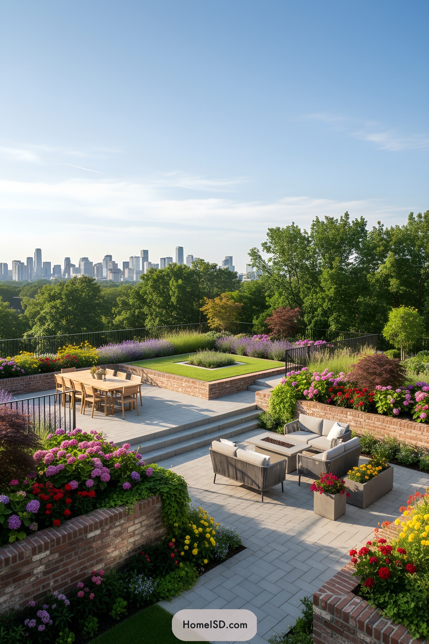 Lush terrace garden with cityscape in the background
