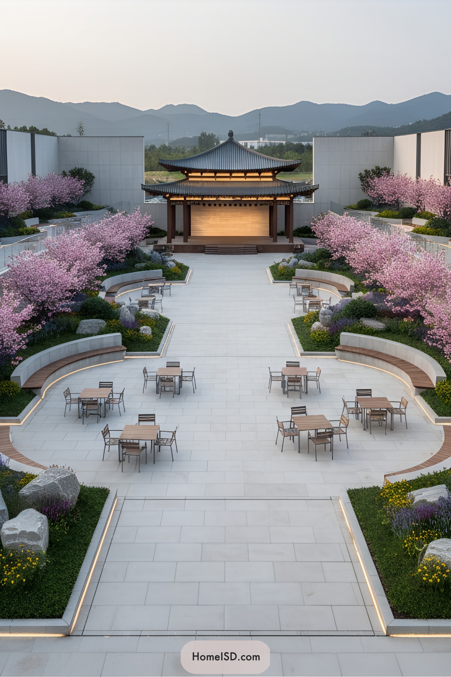 Rooftop terrace with cherry blossoms and a pagoda