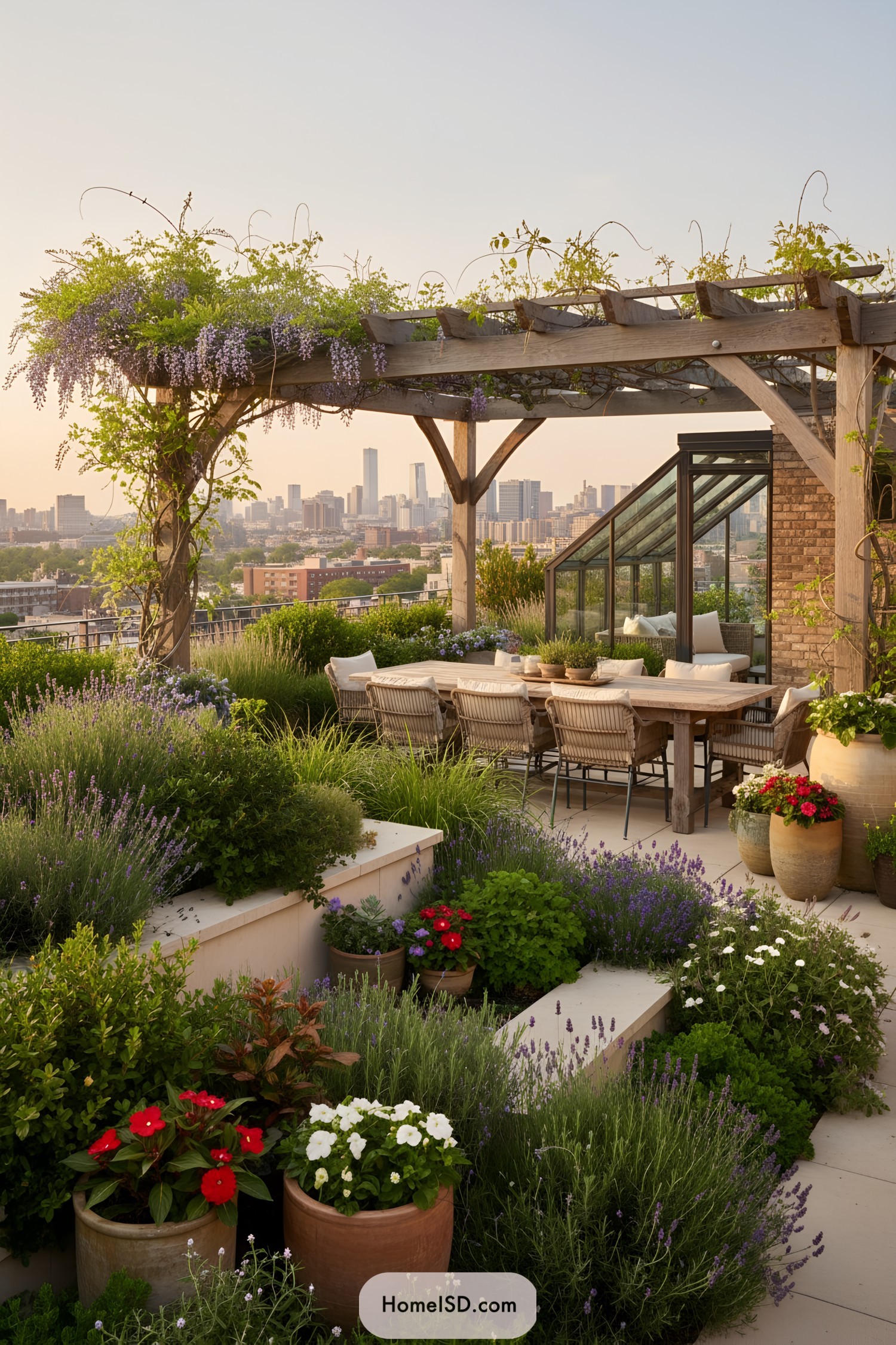 Terrace with lush plants, dining area, and cityscape view