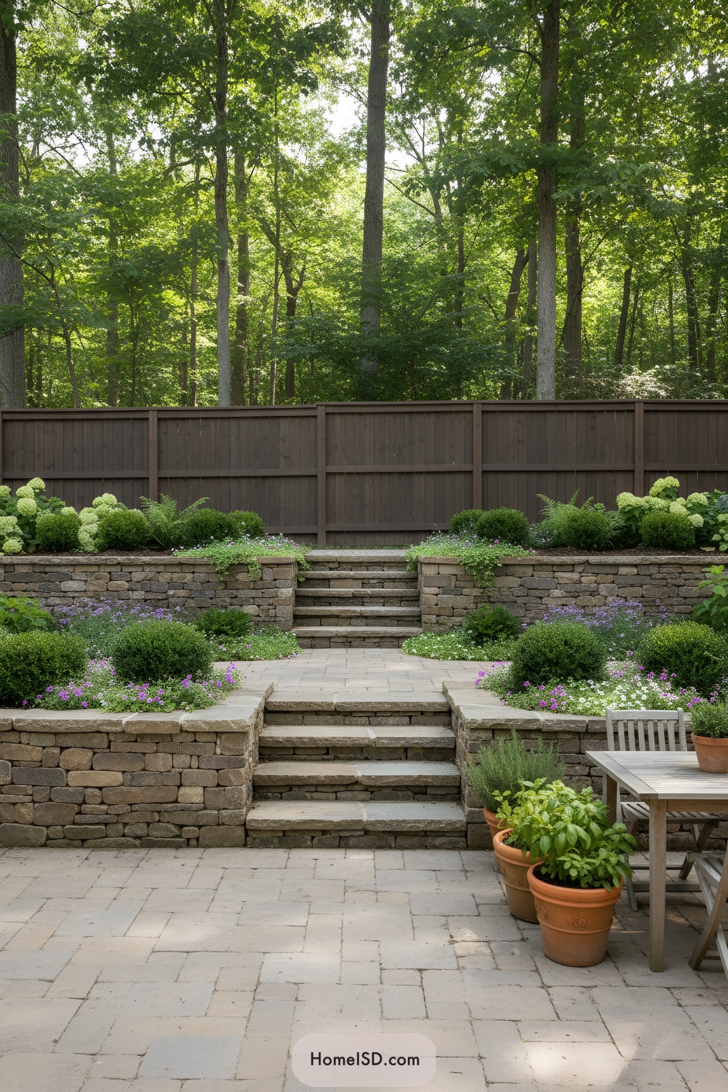 Terrace with stone steps and lush greenery