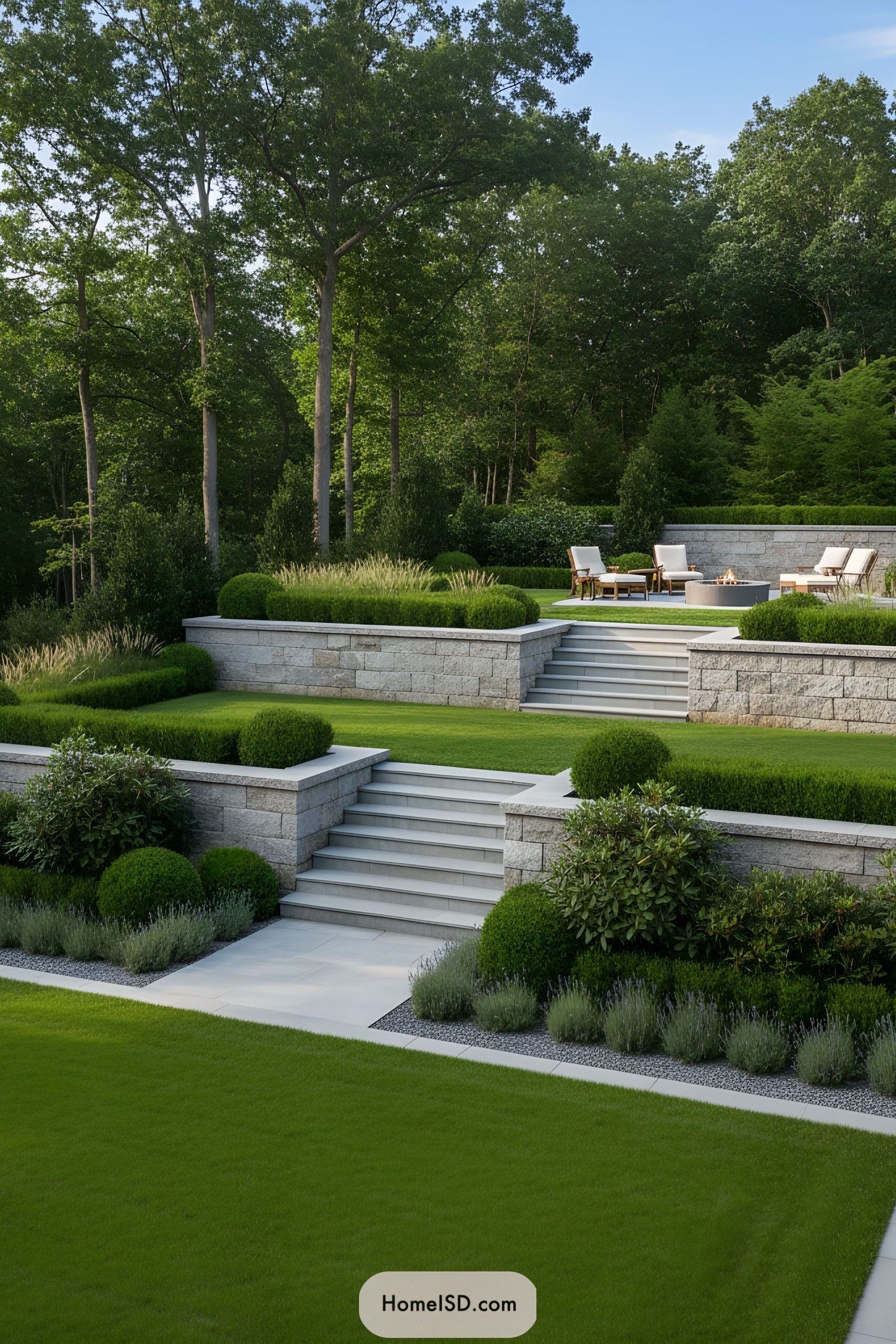 Stylish stone terraces with manicured greenery