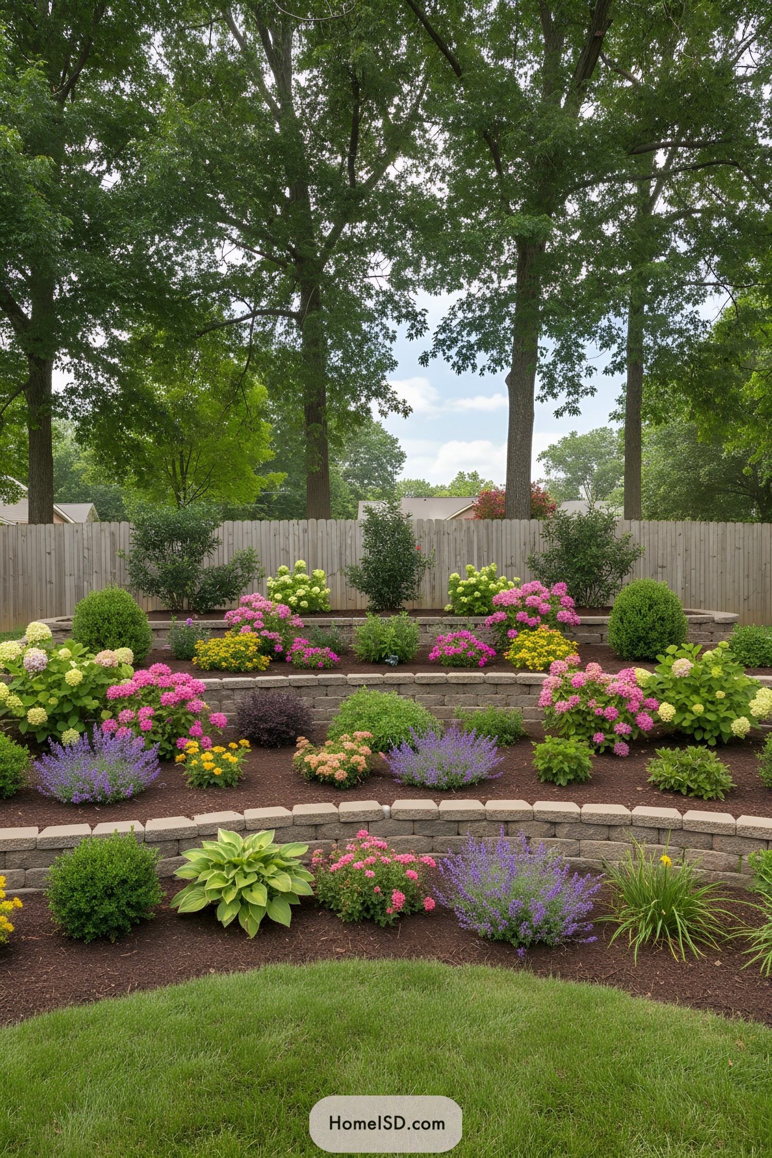 Tiered garden with colorful flowers and stone walls