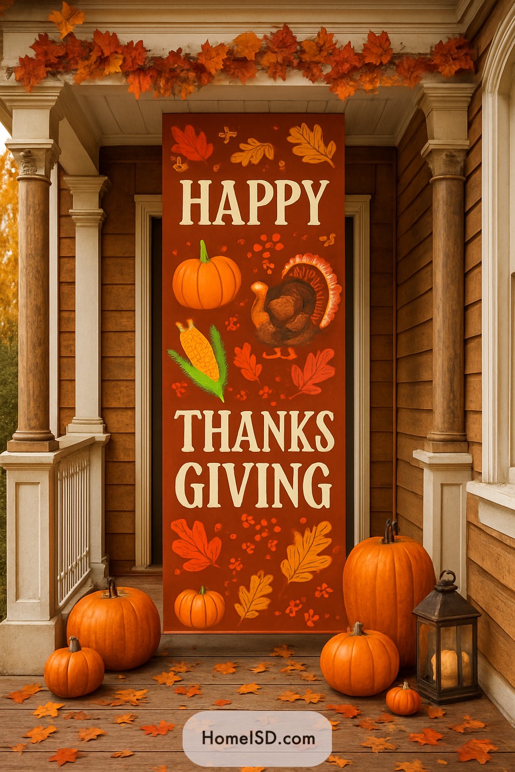 Large Thanksgiving banner on a porch with pumpkins and autumn leaves