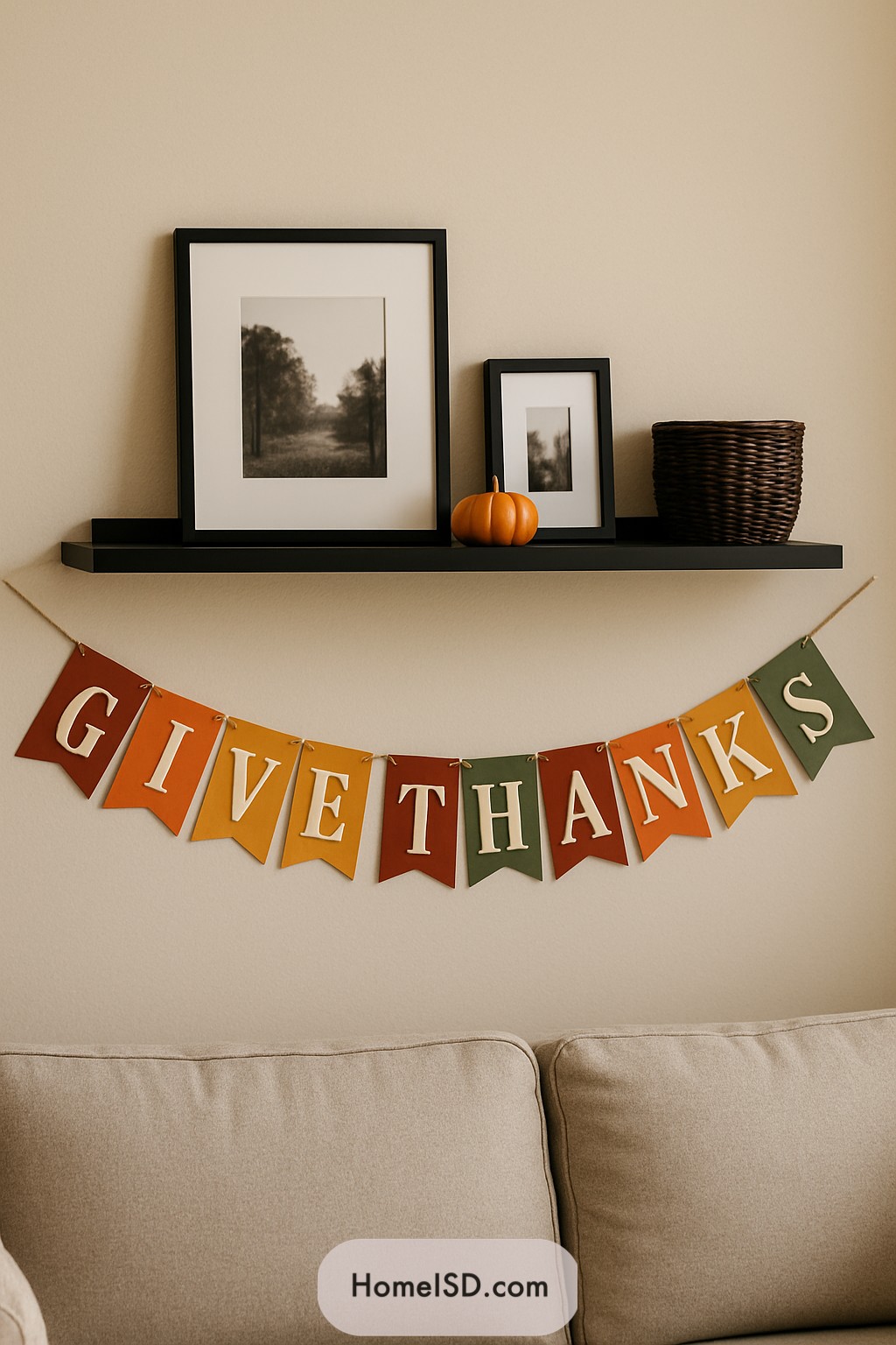 Colorful "Give Thanks" banner under a shelf with frames and a tiny pumpkin