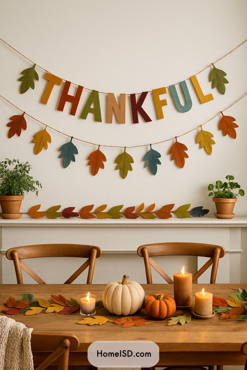 Colorful leaf and "Thankful" banner decorates a cozy dining area