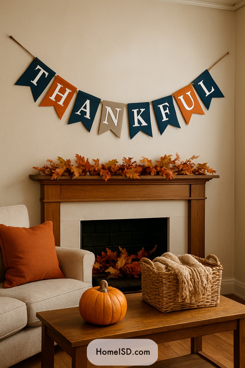 Thankful banner with autumn leaves on a mantel