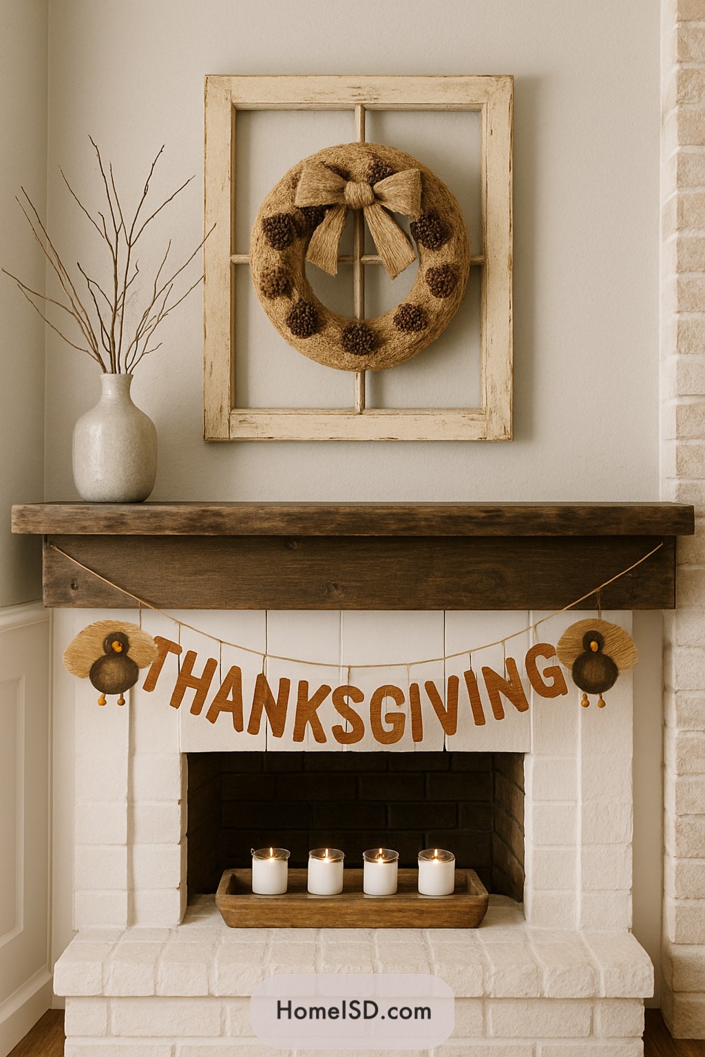Cozy fireplace adorned with Thanksgiving banner and candles