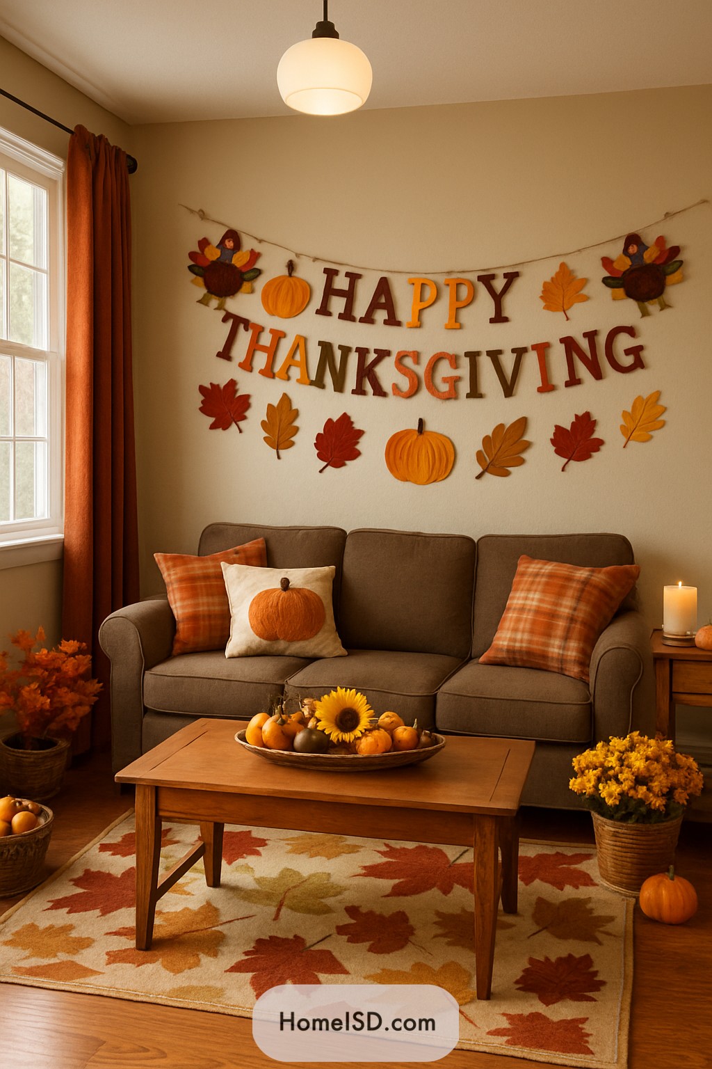 Cozy living room with Thanksgiving banner and autumn decor