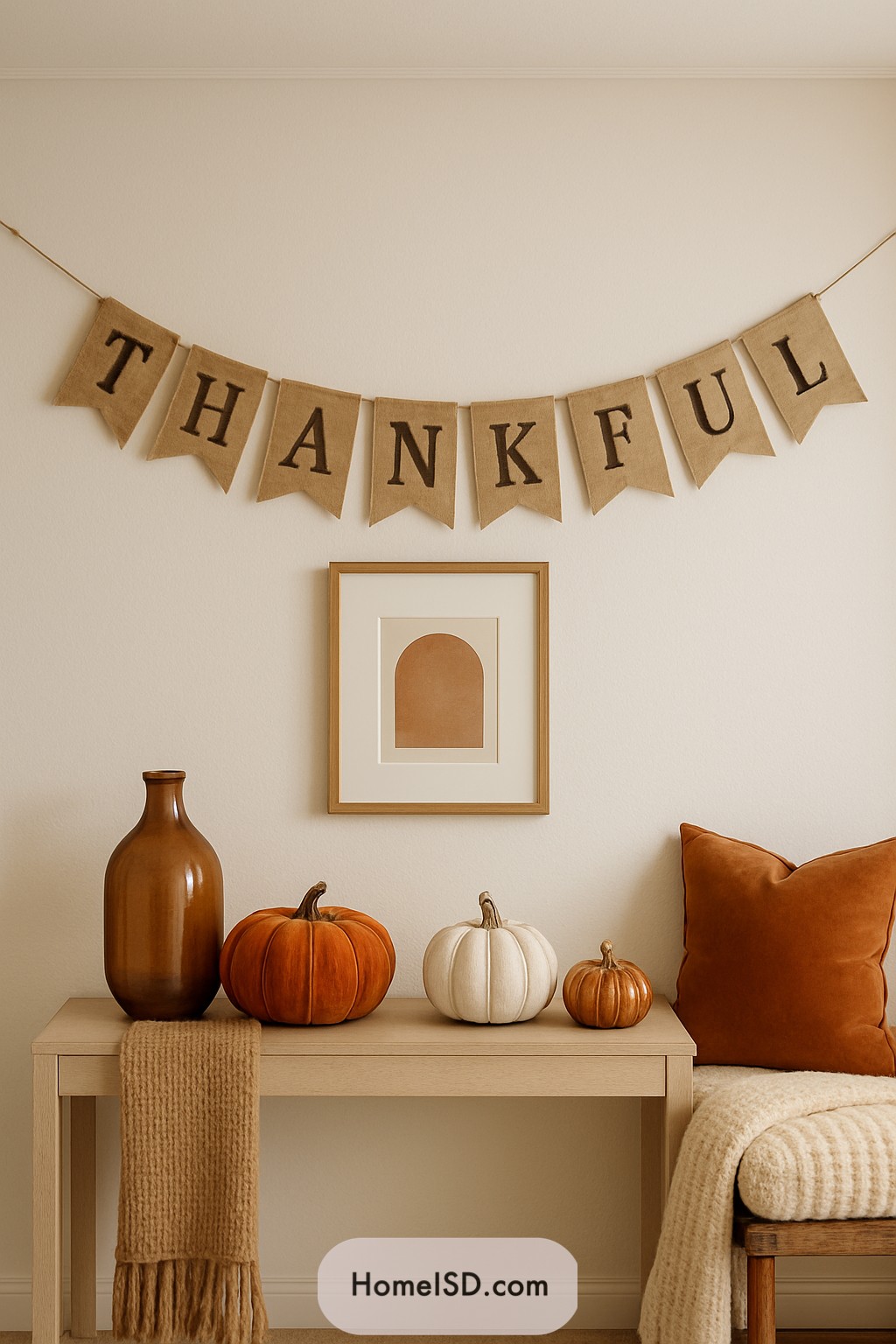 Decorative pumpkins and banner in cozy setting