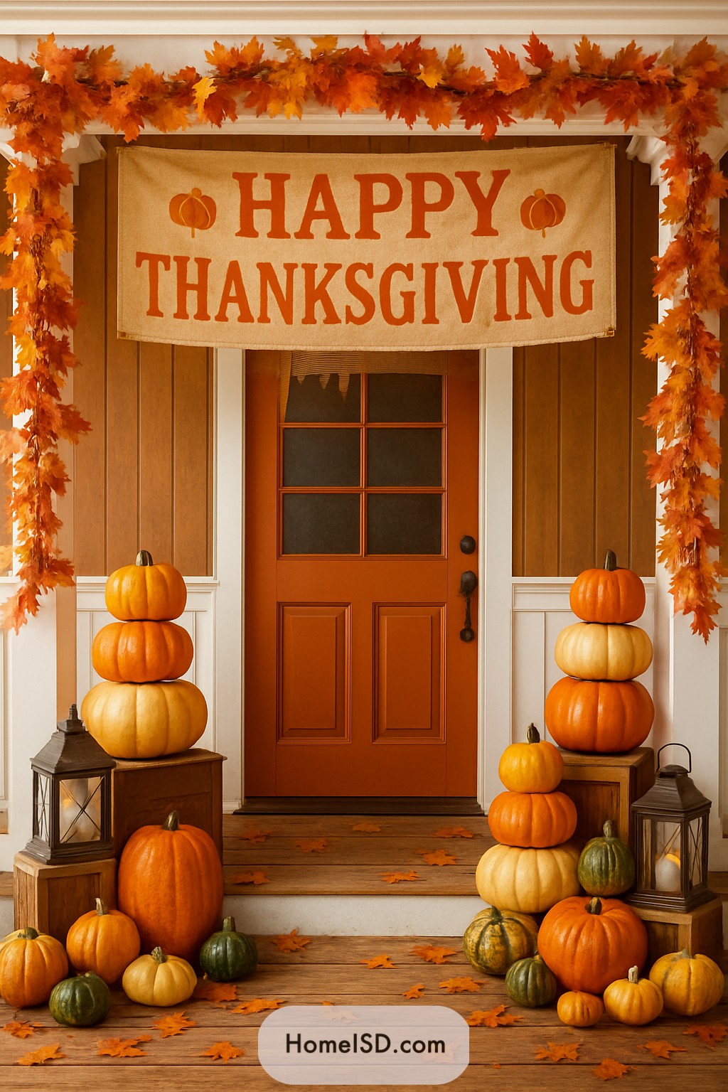 Front porch with orange door and pumpkins, adorned with autumn leaves and a Thanksgiving banner