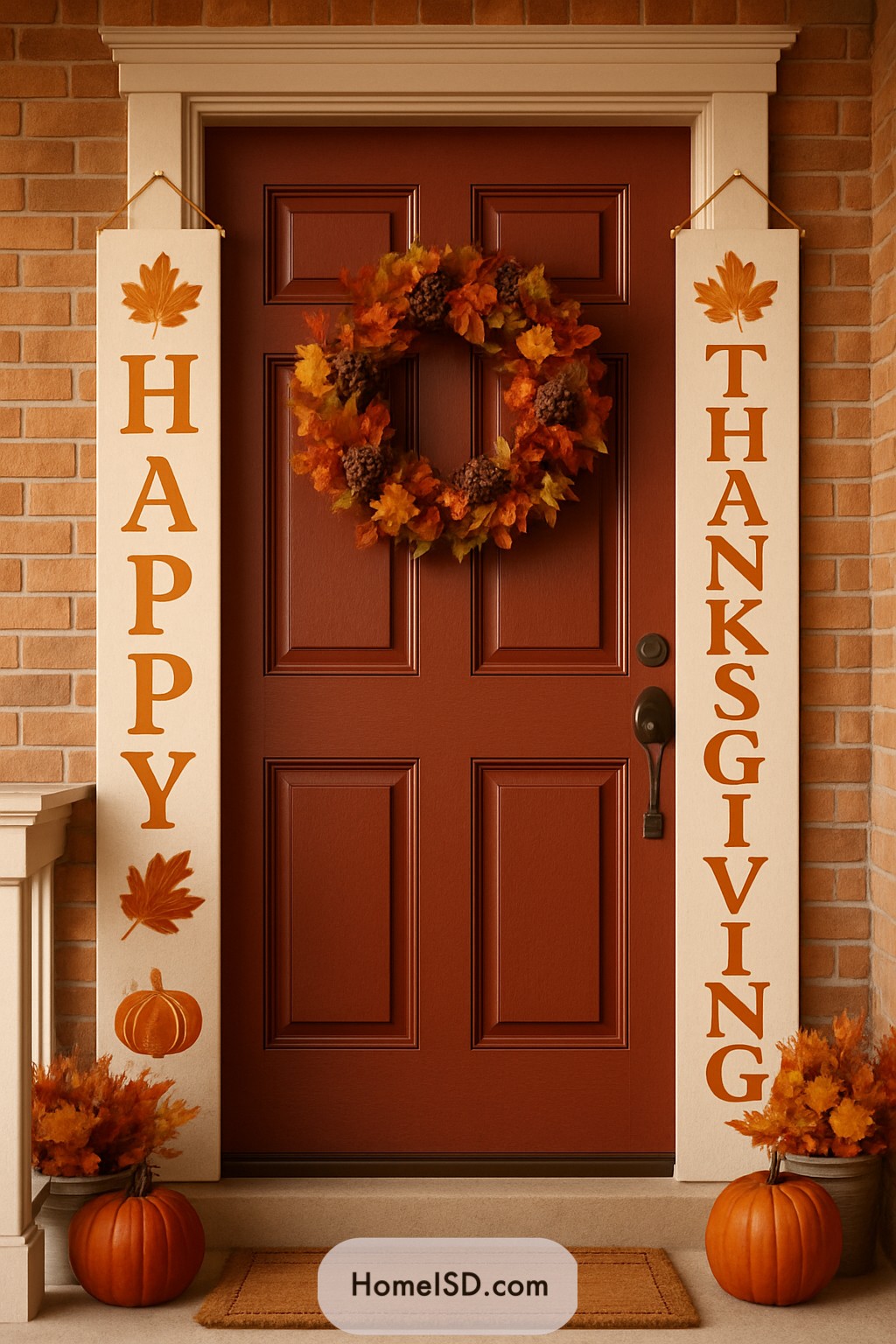 Front door adorned with a wreath, banners, and pumpkins