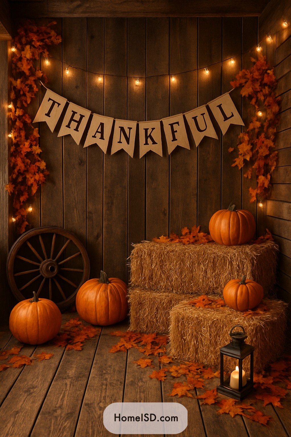 Thanksgiving banner with pumpkins and hay bales
