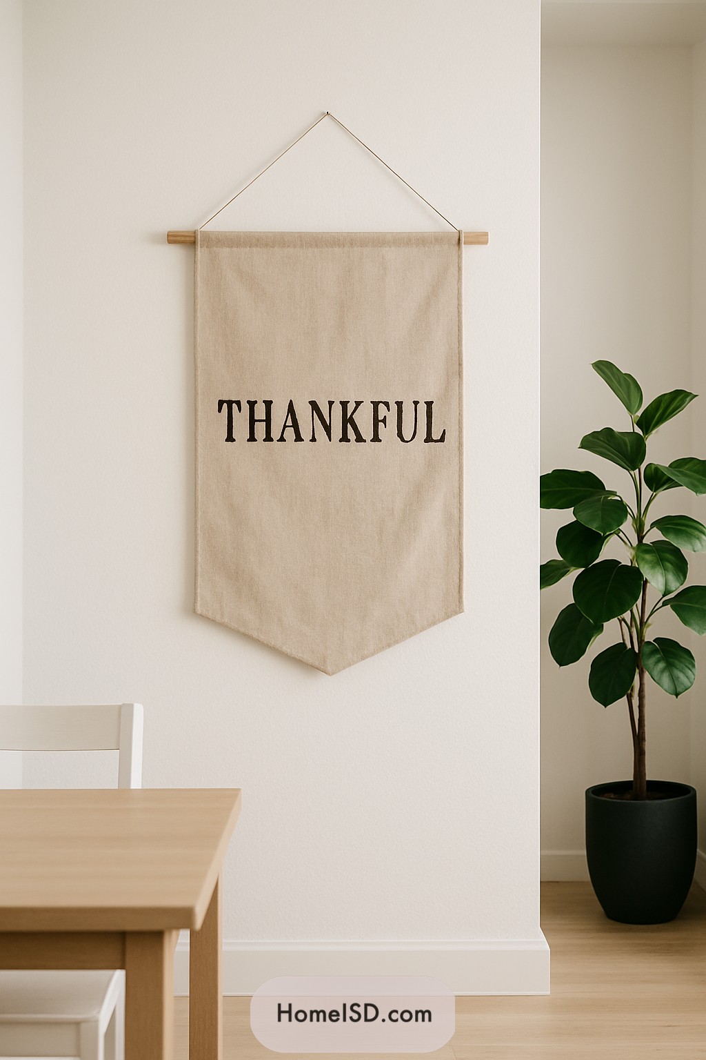 Thankful banner with plant and wooden table