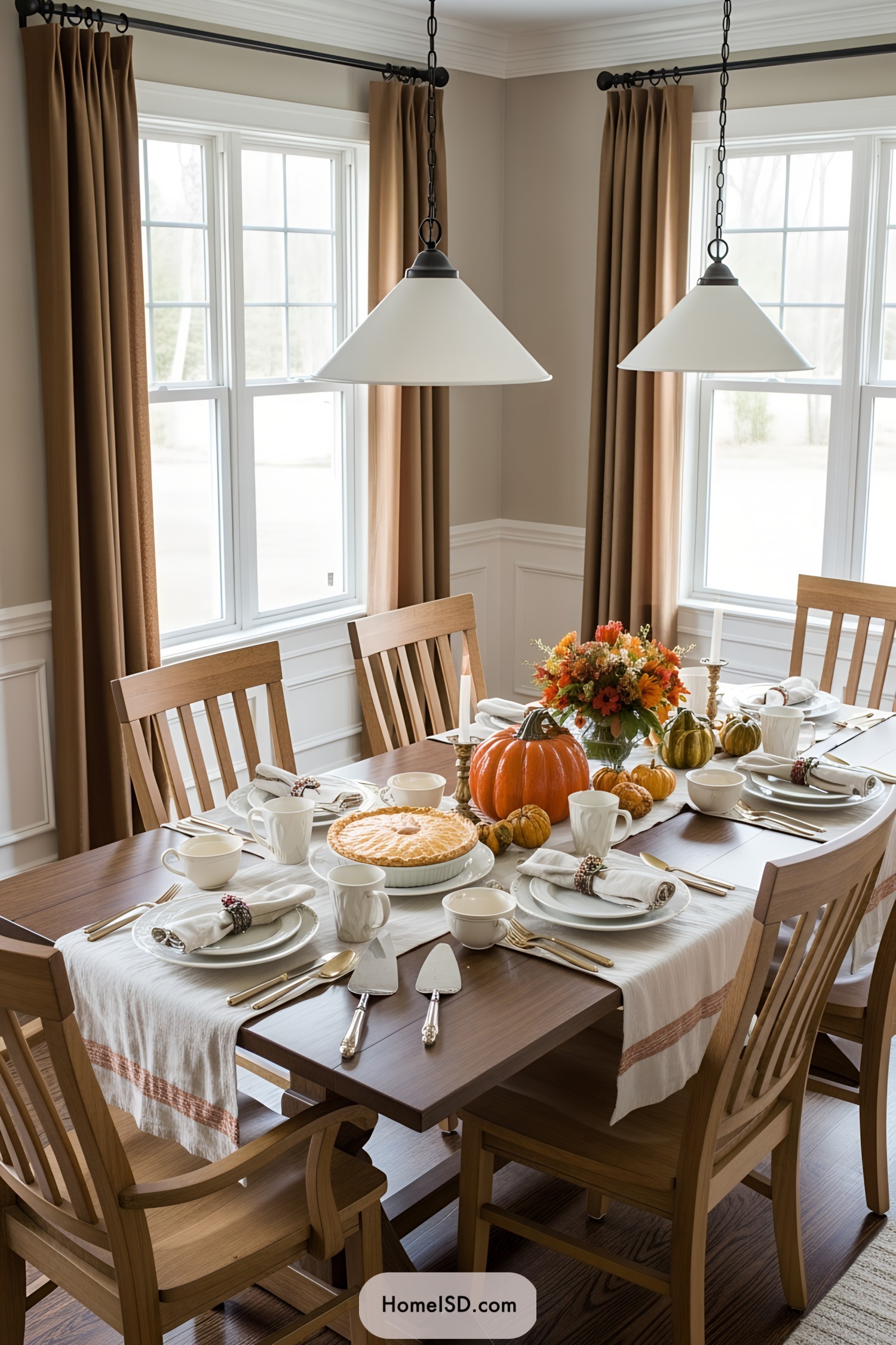 Dining table set for Thanksgiving with pumpkins and pie