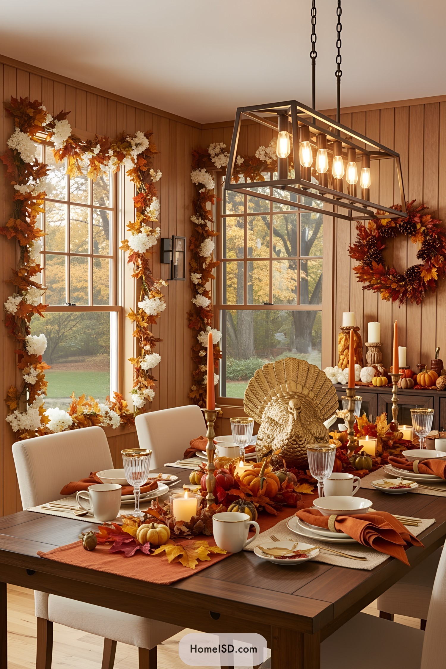 Thanksgiving table set with autumn decor and centerpiece
