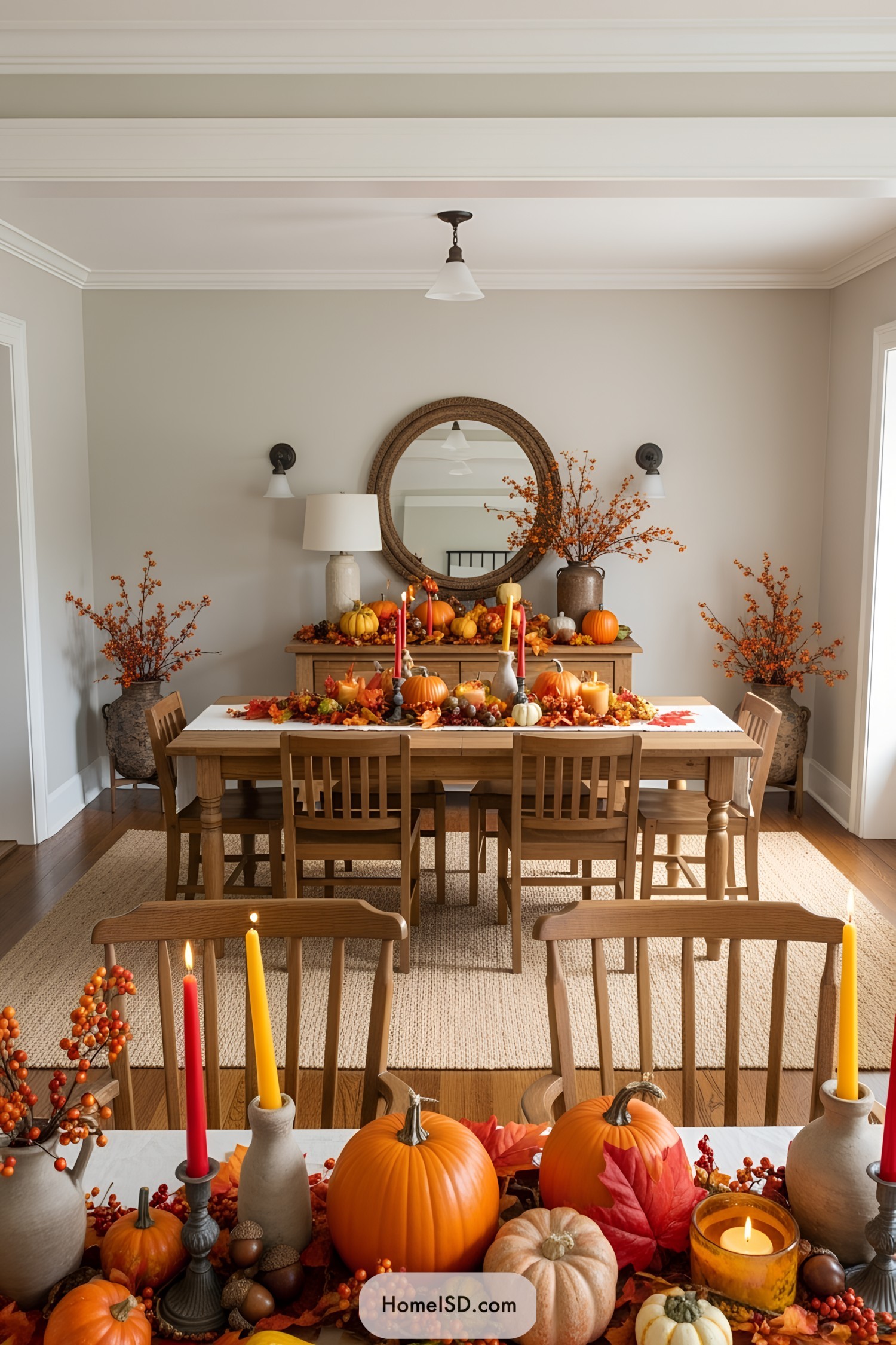 Dining table adorned with pumpkins and autumn decorations